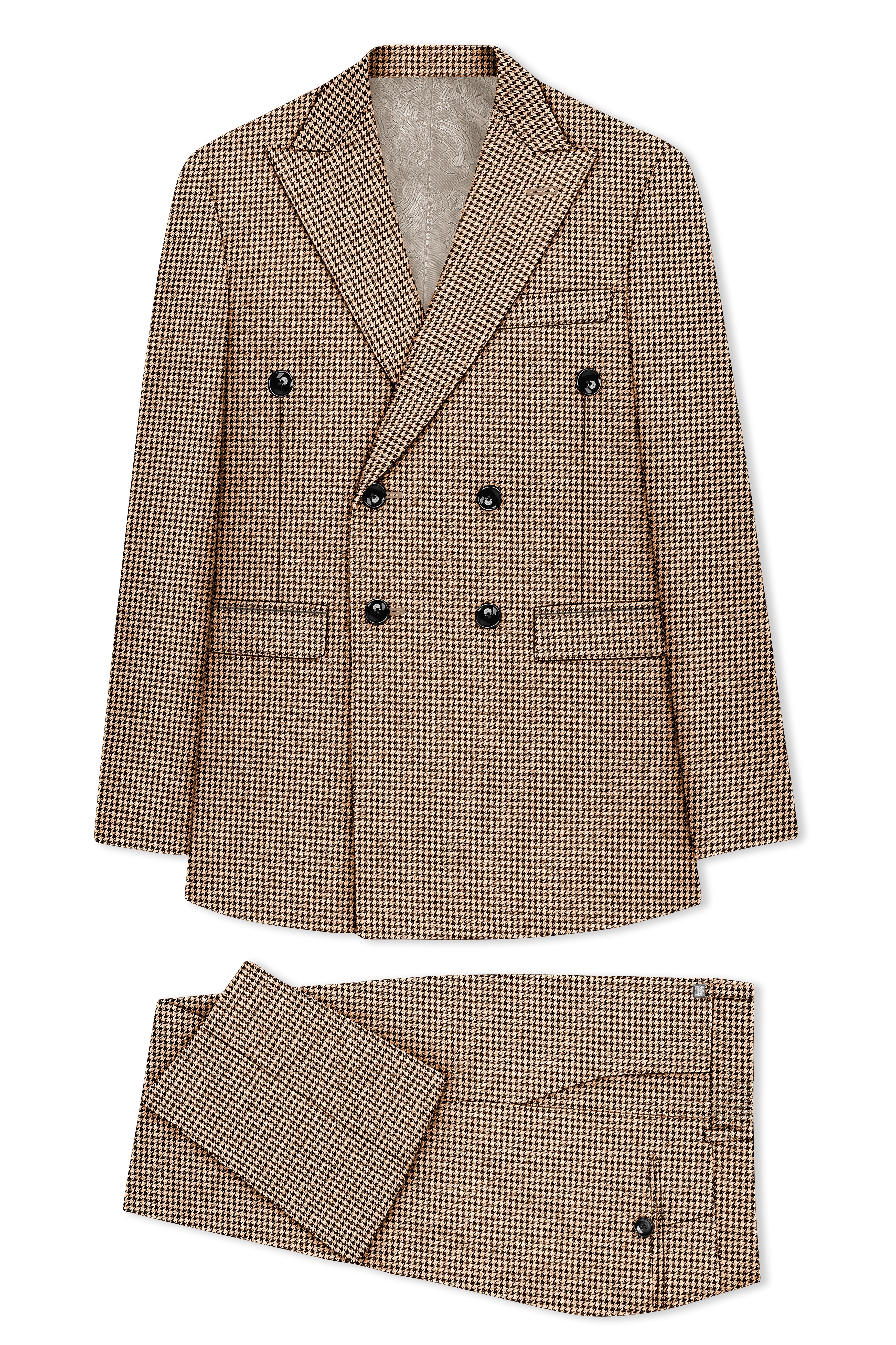 Scholar-Mocha Brown Classic Houndstooth Textured Tweed Double Breasted Suit