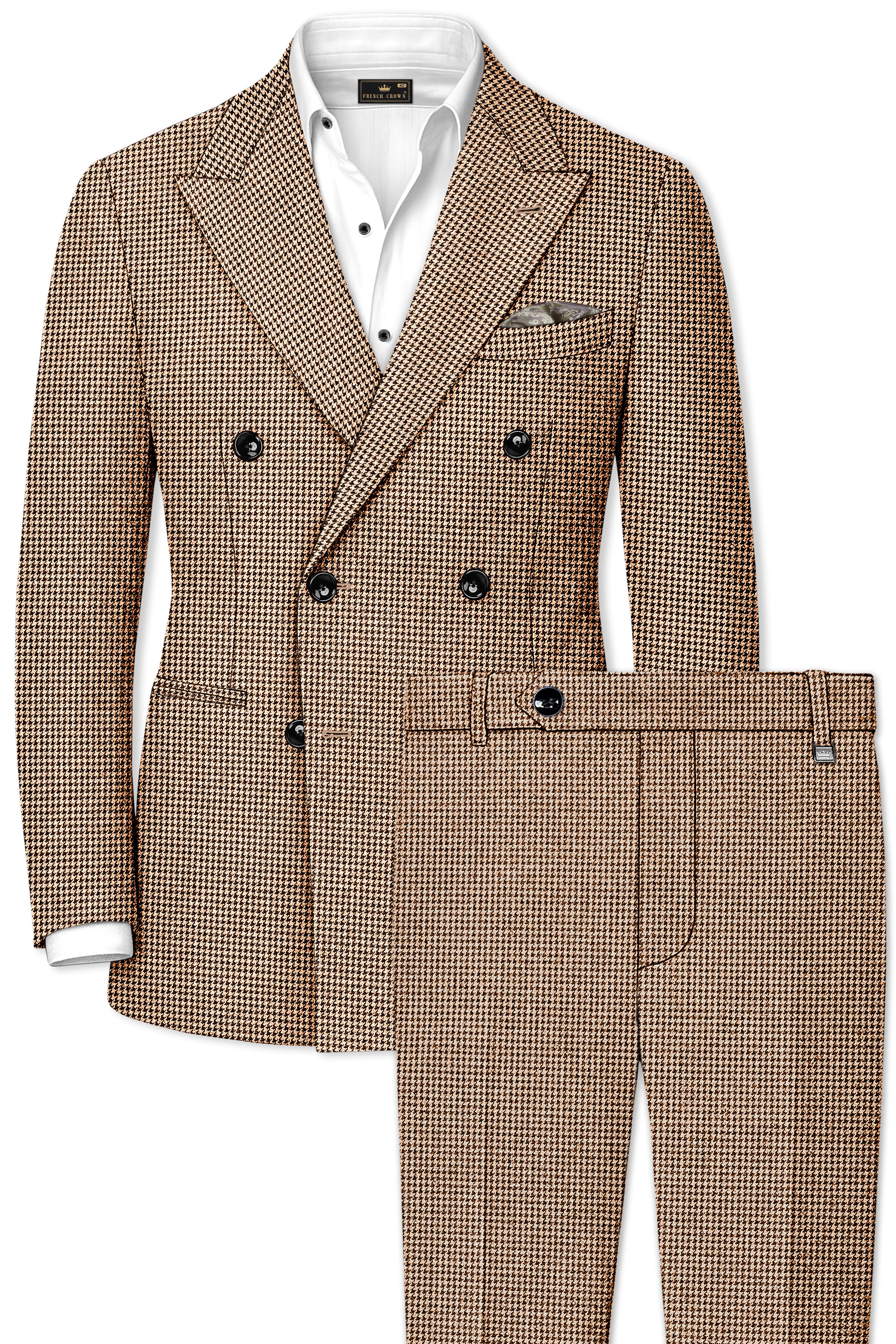 Scholar-Mocha Brown Classic Houndstooth Textured Tweed Double Breasted Suit