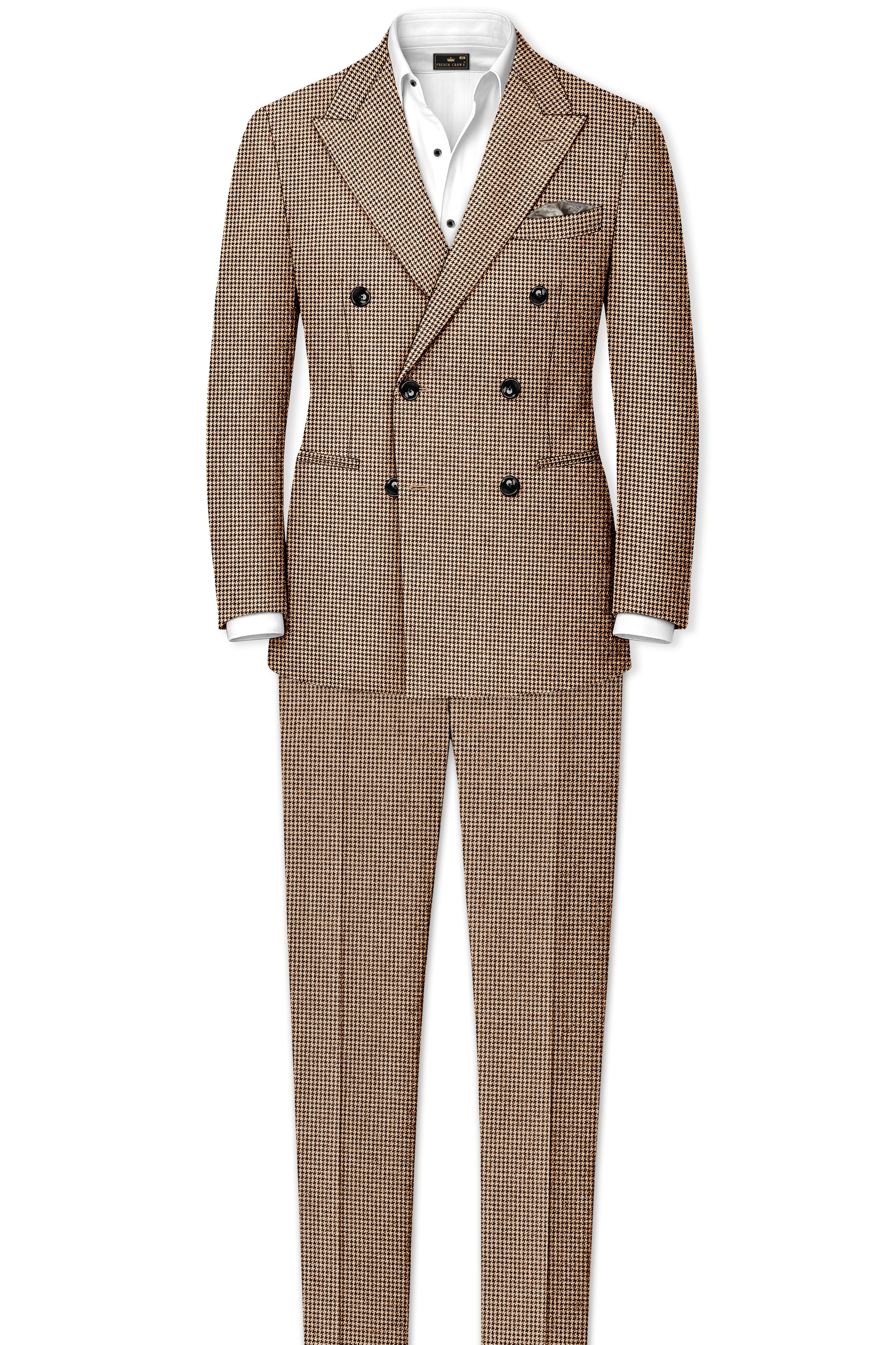 Scholar-Mocha Brown Classic Houndstooth Textured Tweed Double Breasted Suit