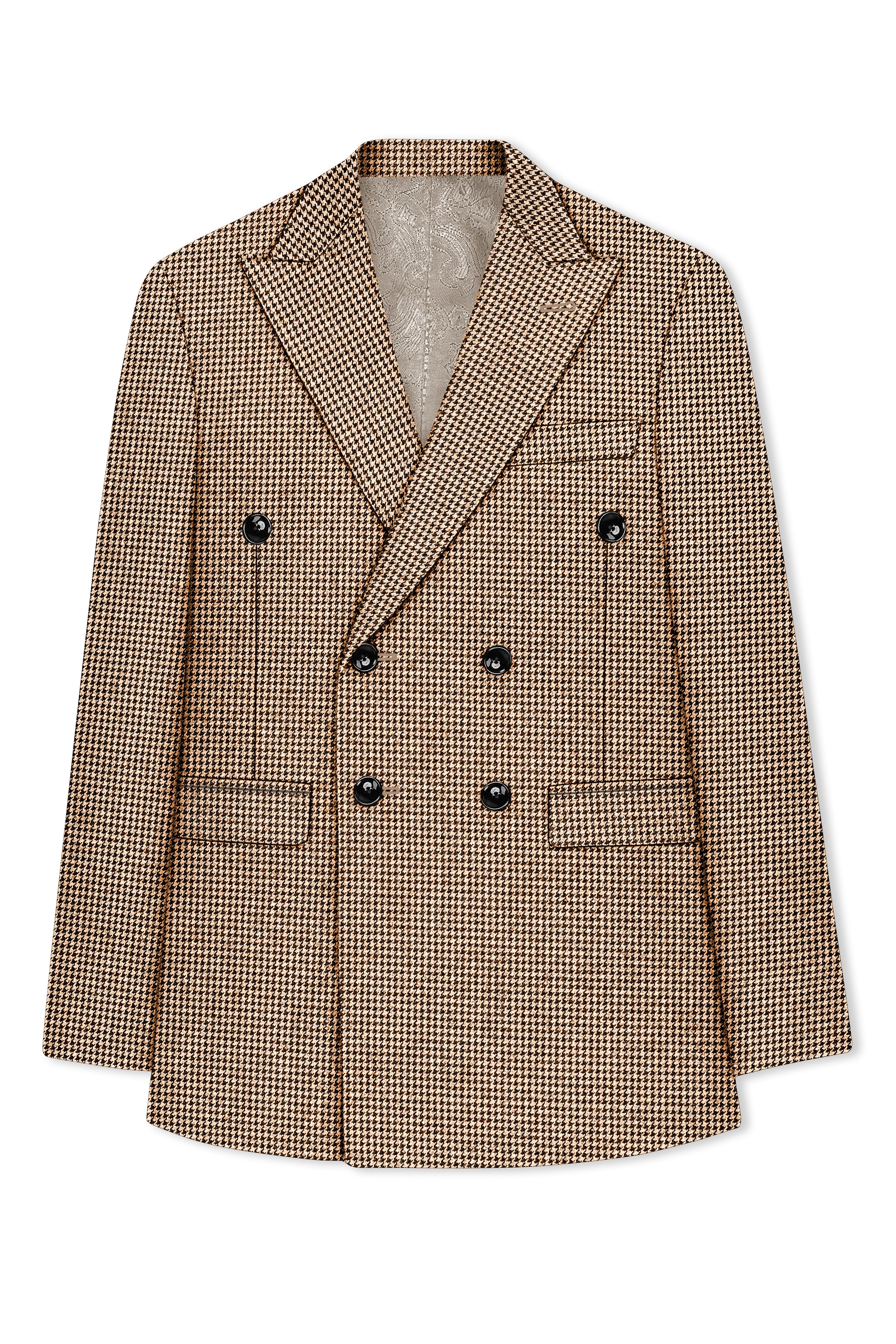 Scholar-Mocha Brown Classic Houndstooth Textured Tweed Double Breasted Suit