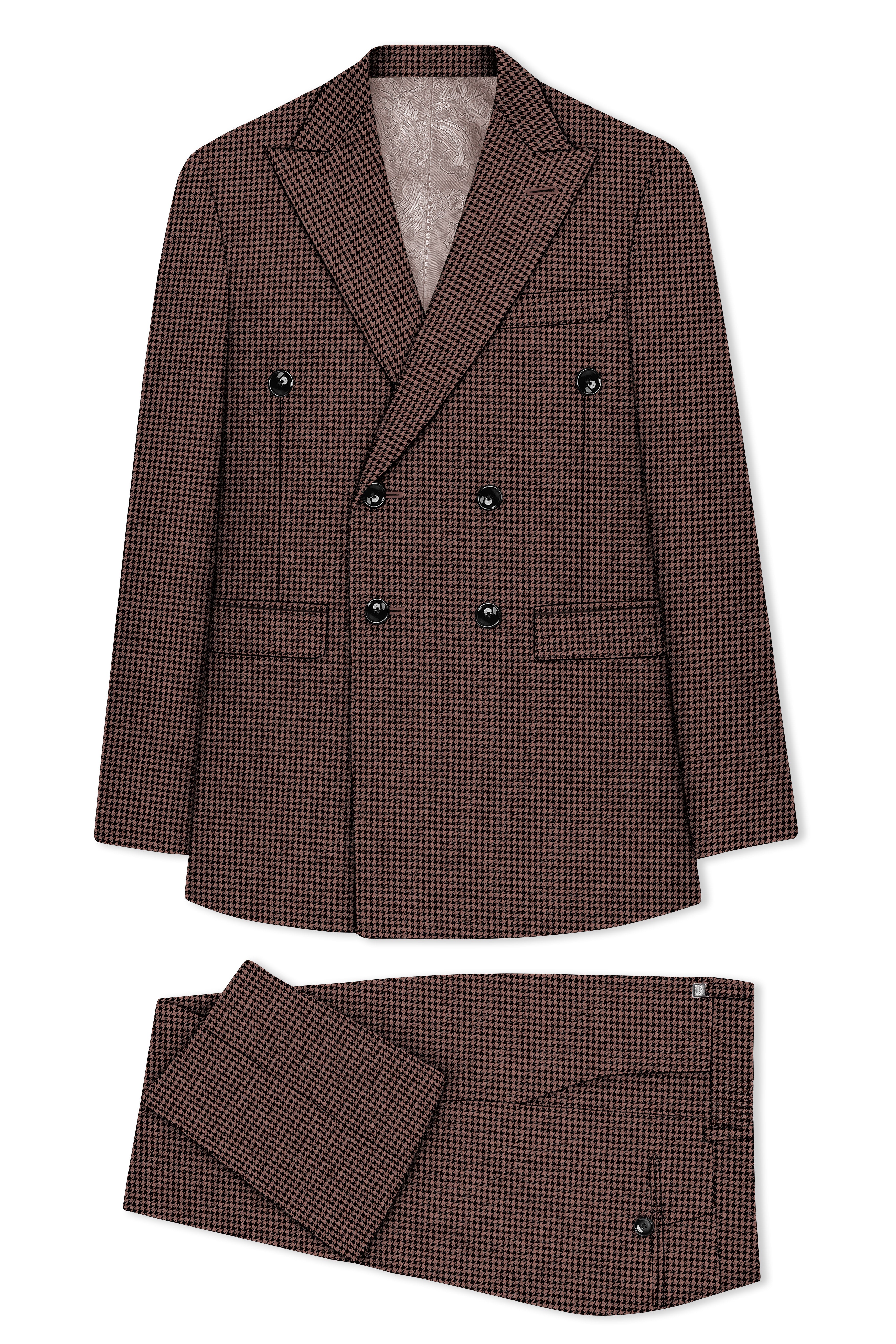 Sylvan-Woody Brown Classic Houndstooth Textured Tweed Double Breasted Suit