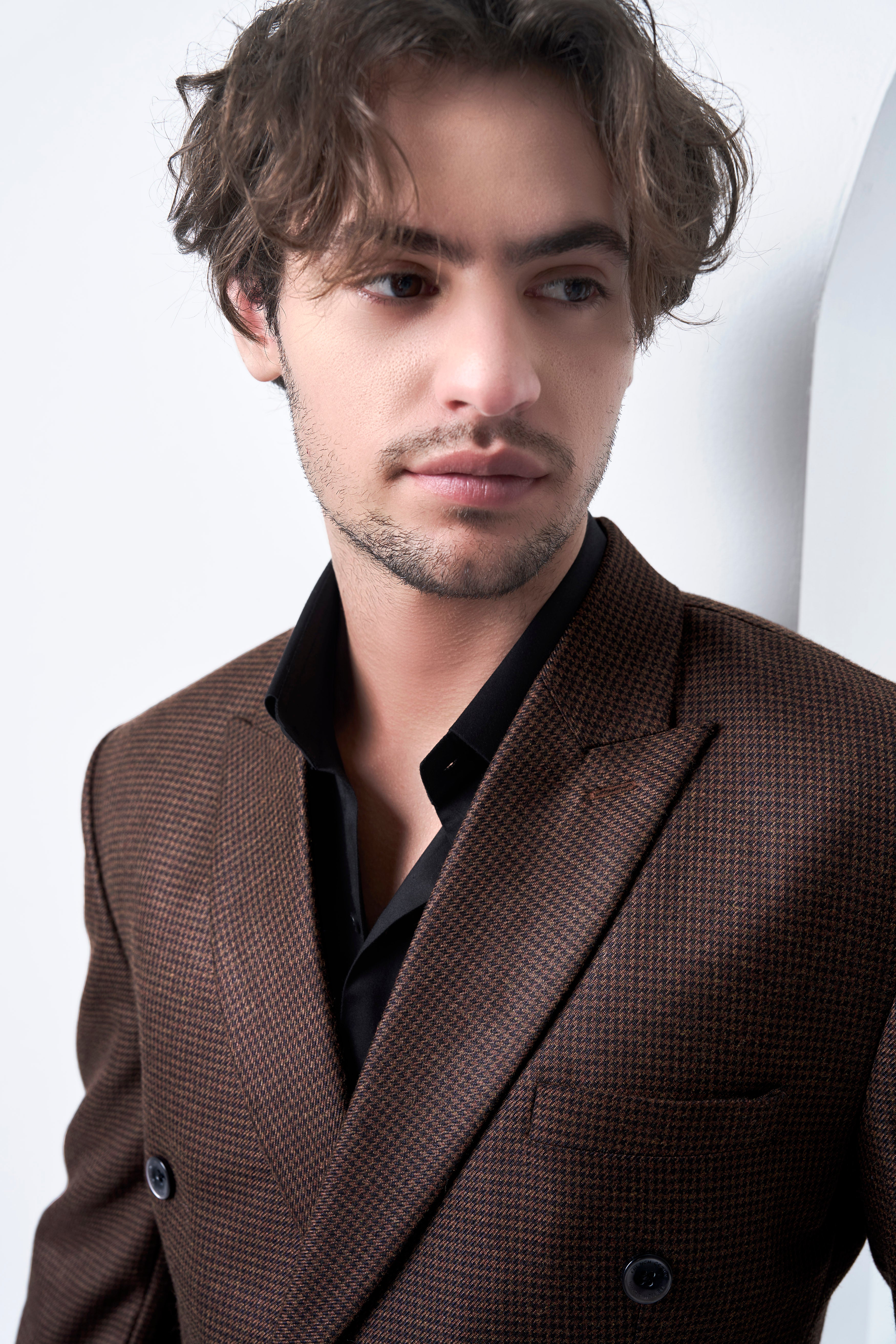 Sylvan-Woody Brown Classic Houndstooth Textured Tweed Double Breasted Suit