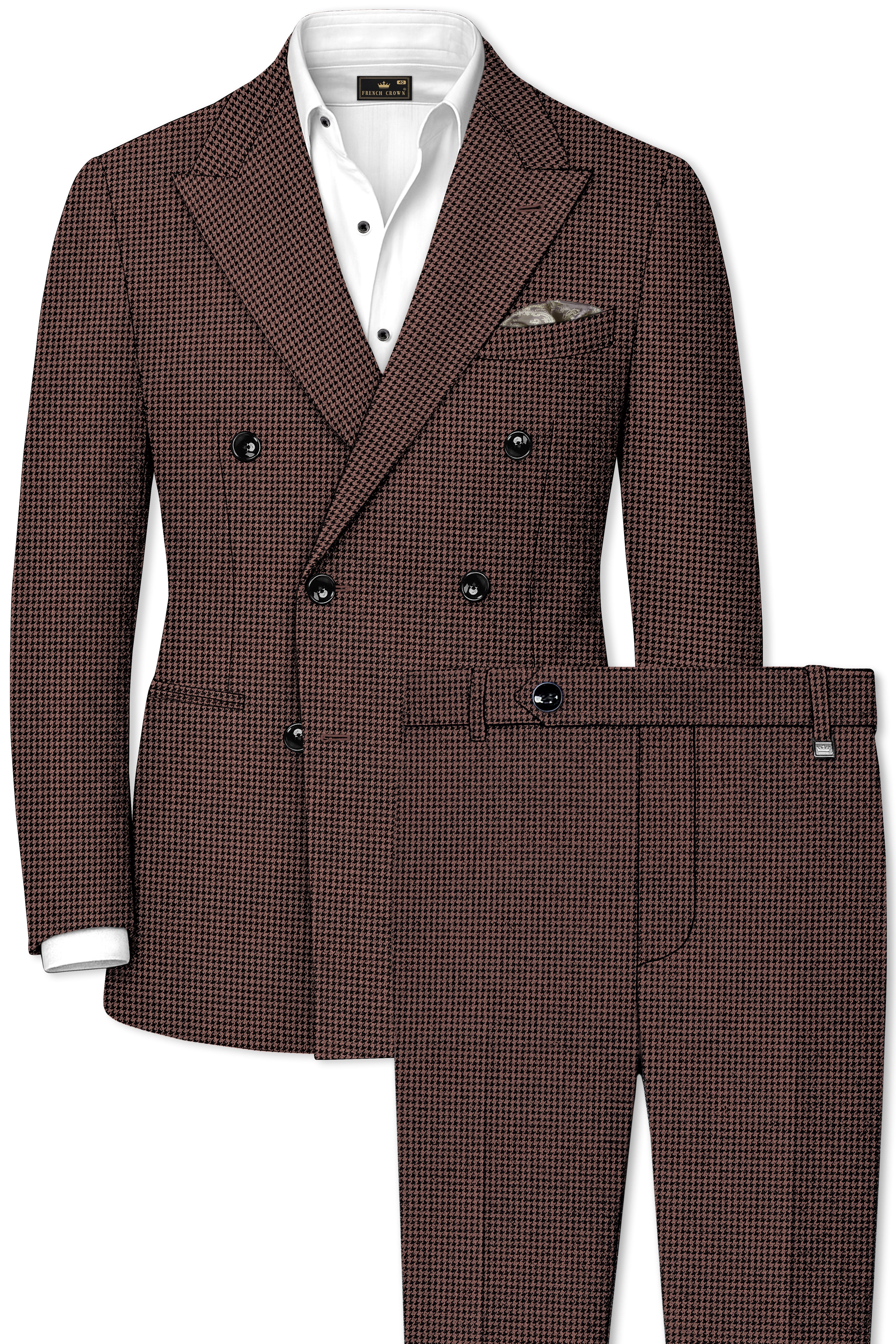 Sylvan-Woody Brown Classic Houndstooth Textured Tweed Double Breasted Suit