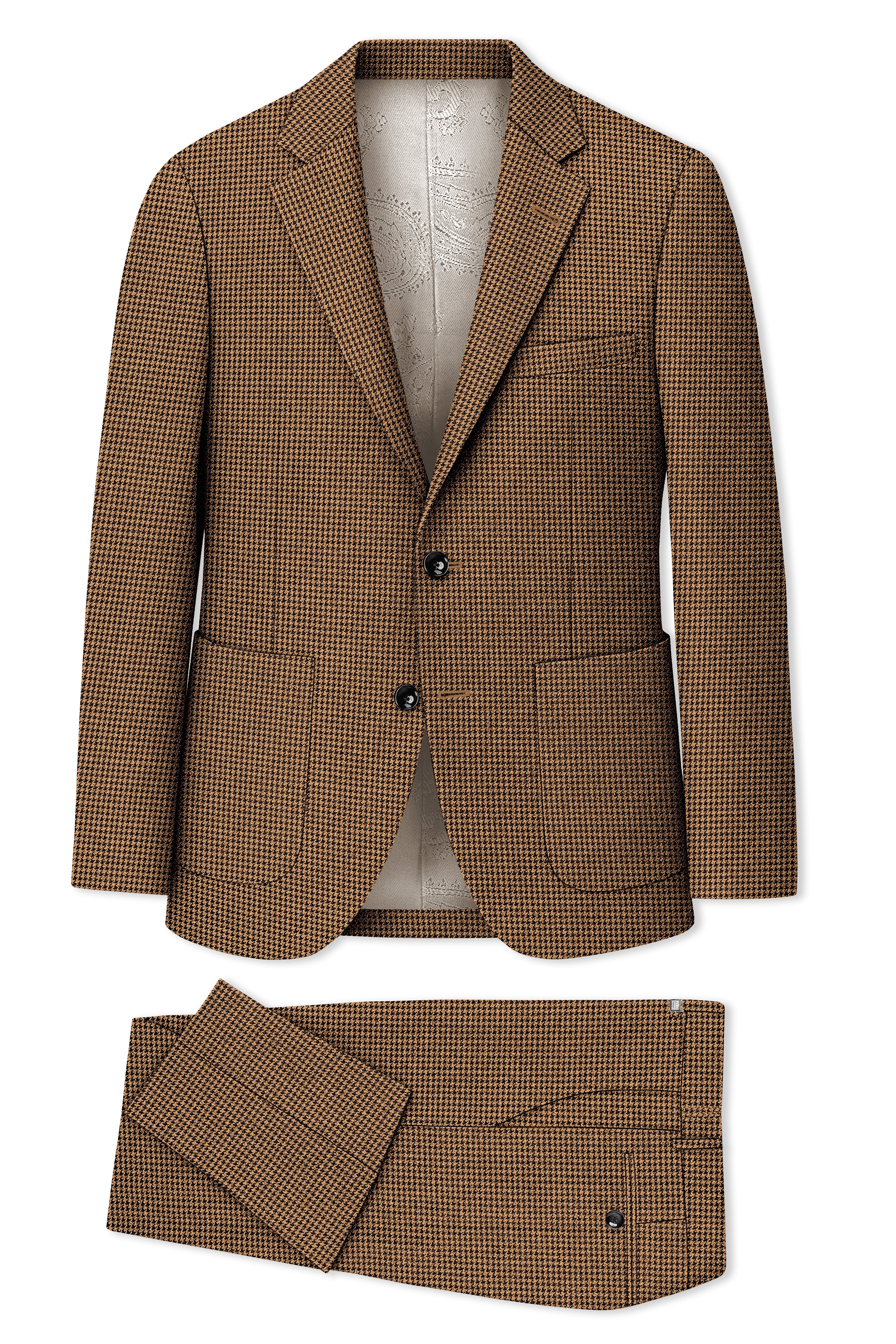 Regalis-Rope Brown Classic Houndstooth Textured Tweed Single Breasted Sports Suit