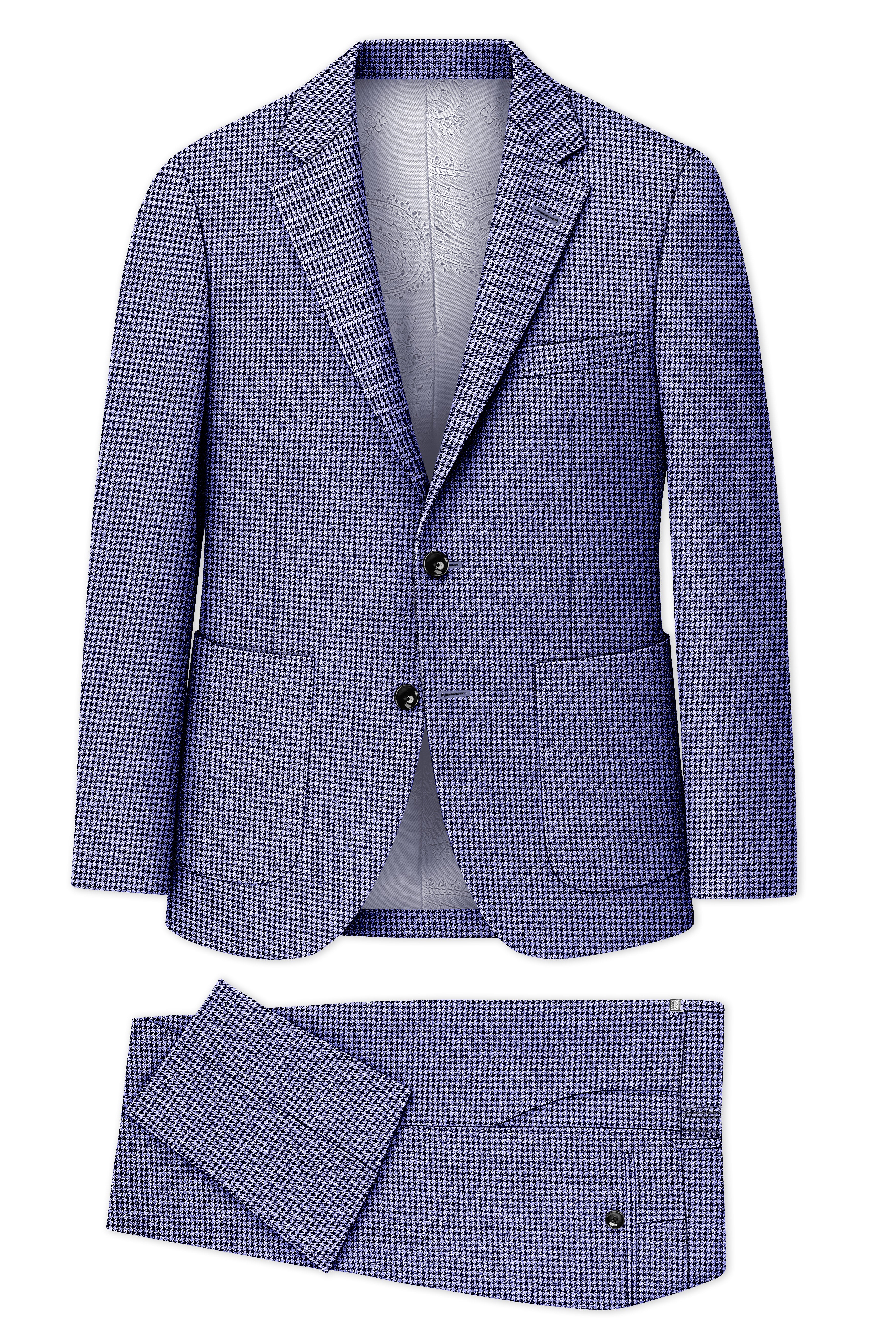Dusk-Mulled Blue Classic Houndstooth Textured Tweed Single Breasted Sports Suit