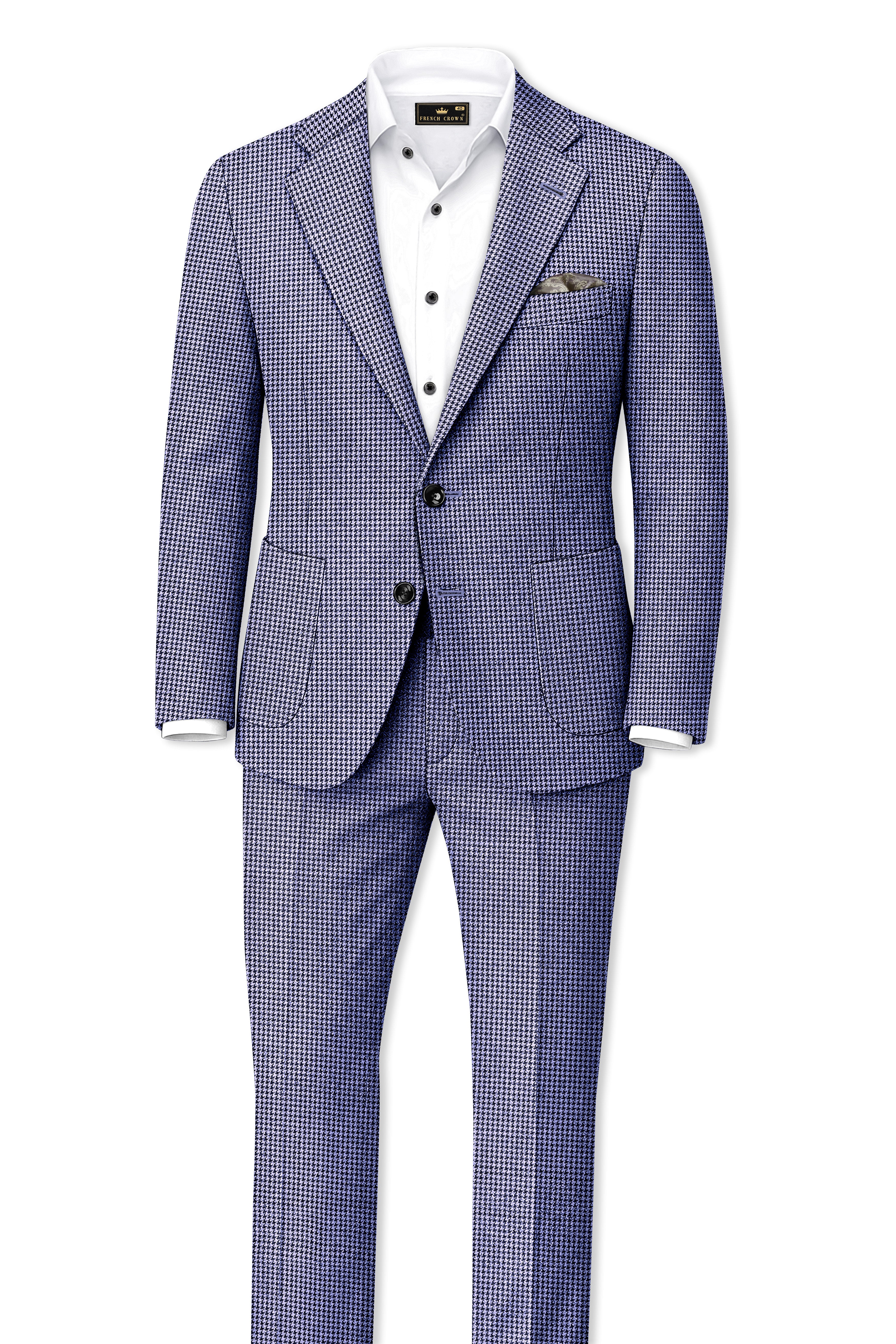 Dusk-Mulled Blue Classic Houndstooth Textured Tweed Single Breasted Sports Suit