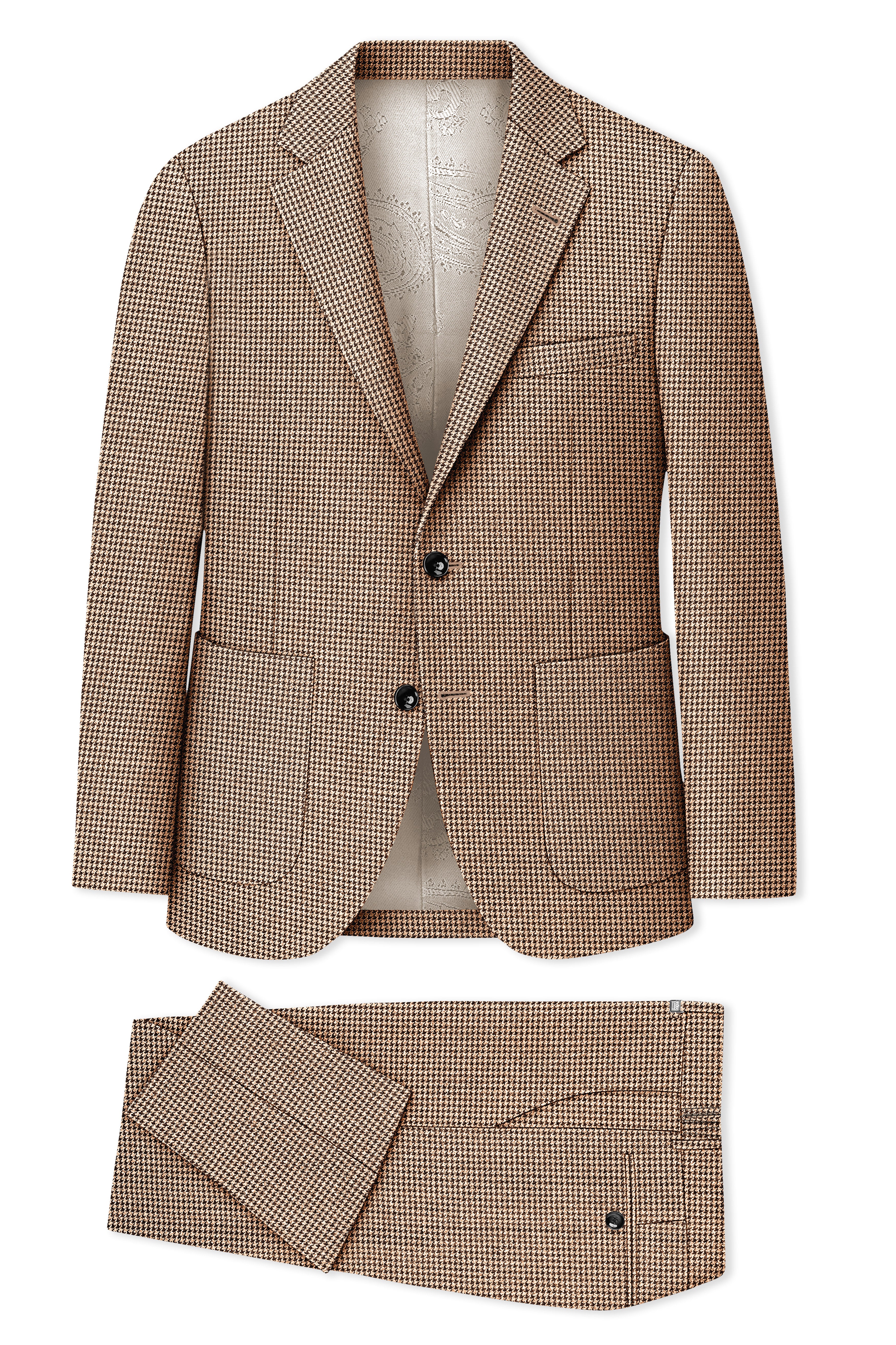 Scholar-Mocha Brown Classic Houndstooth Textured Tweed Single Breasted Sports Suit