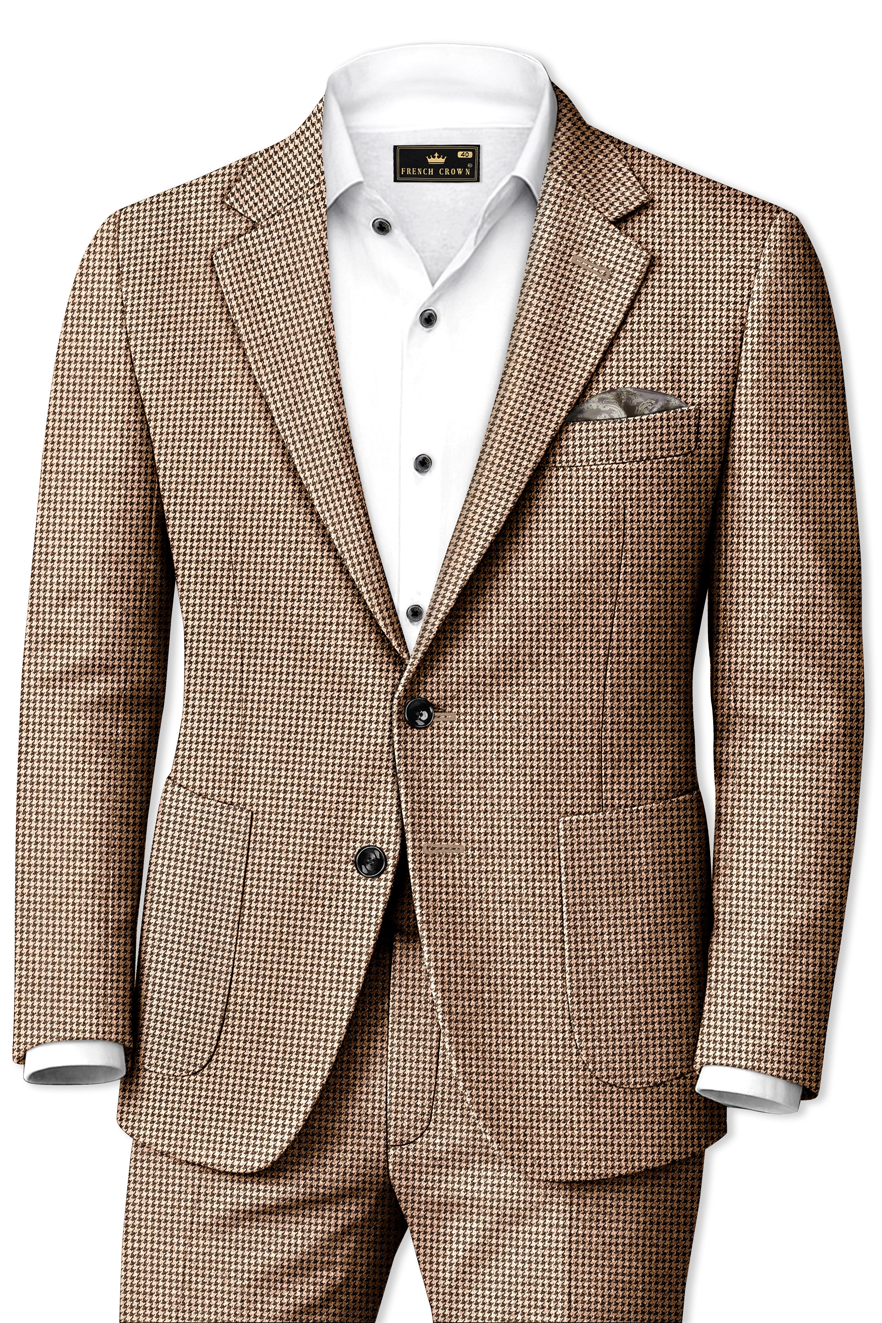 Scholar-Mocha Brown Classic Houndstooth Textured Tweed Single Breasted Sports Suit
