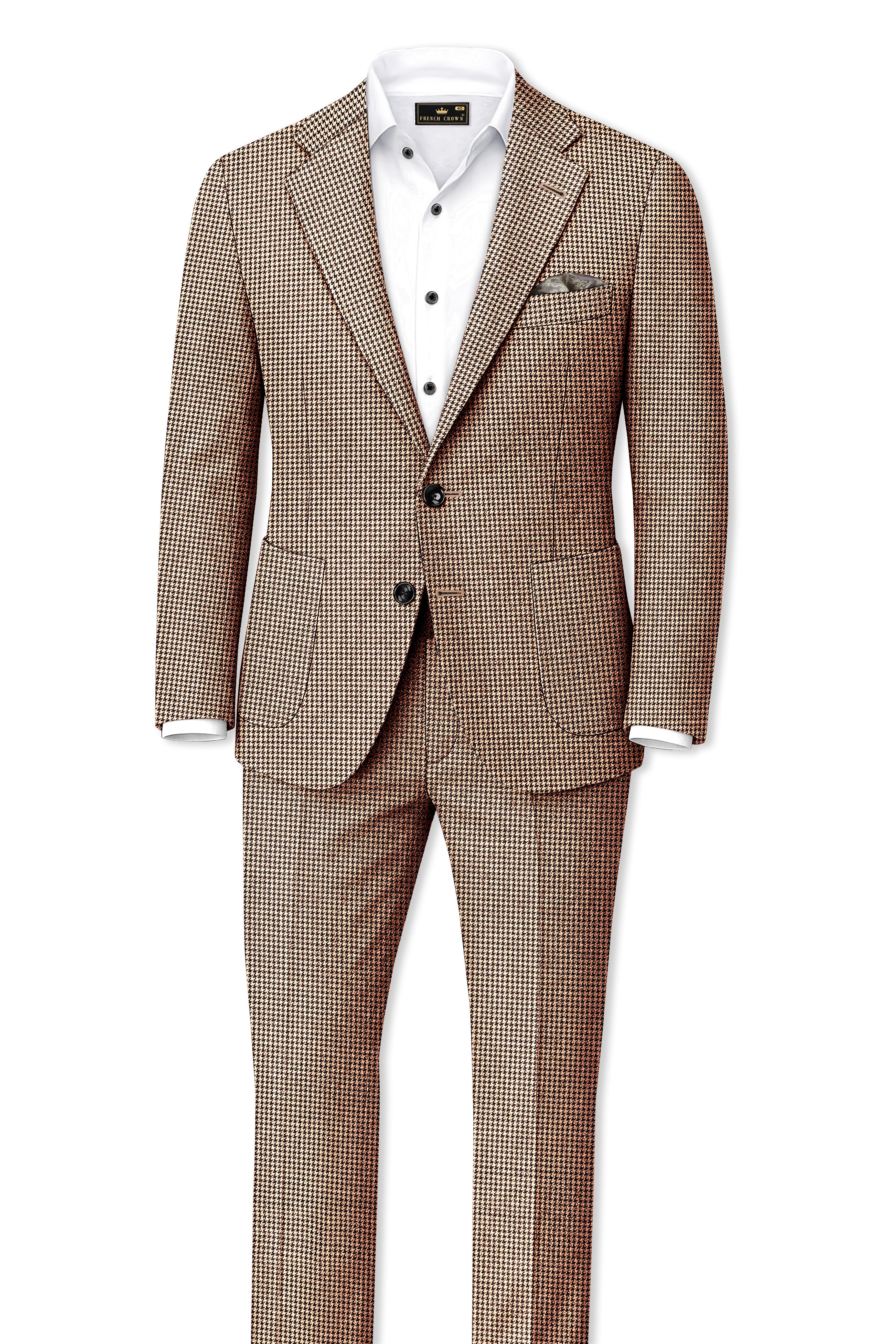 Scholar-Mocha Brown Classic Houndstooth Textured Tweed Single Breasted Sports Suit