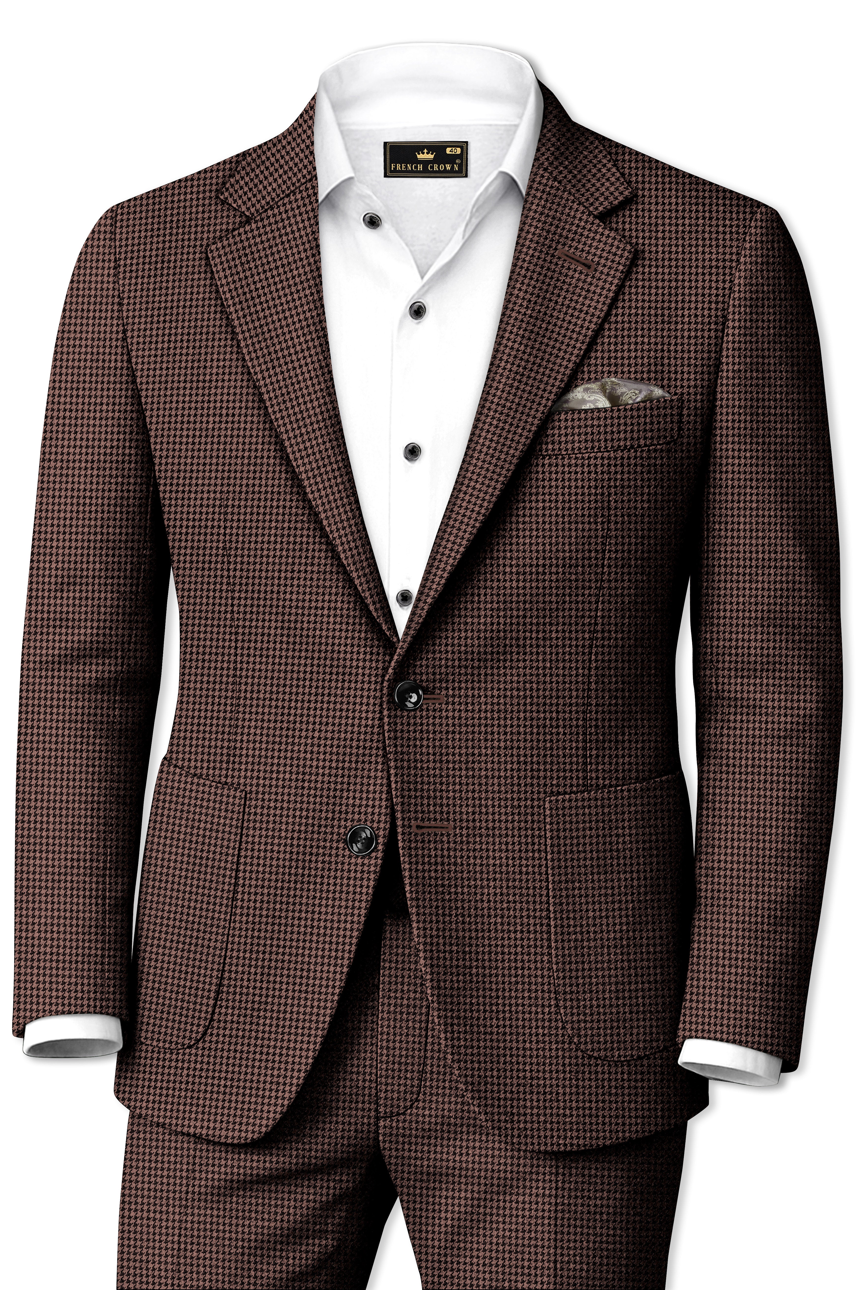 Sylvan-Woody Brown Classic Houndstooth Textured Tweed Single Breasted Sports Suit