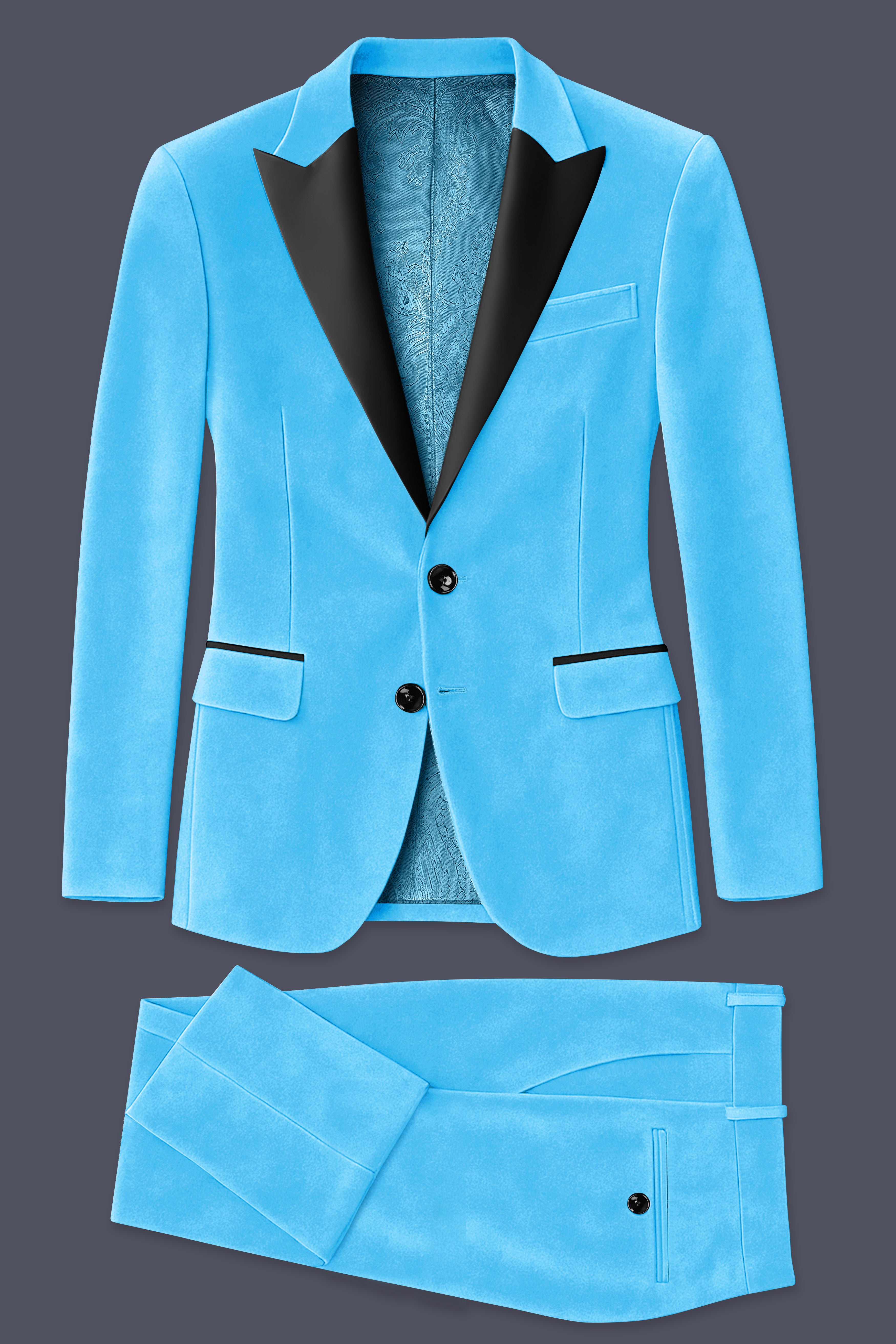 Azurion-Picton Blue Velvet Peak Lapel Tuxedo Suit