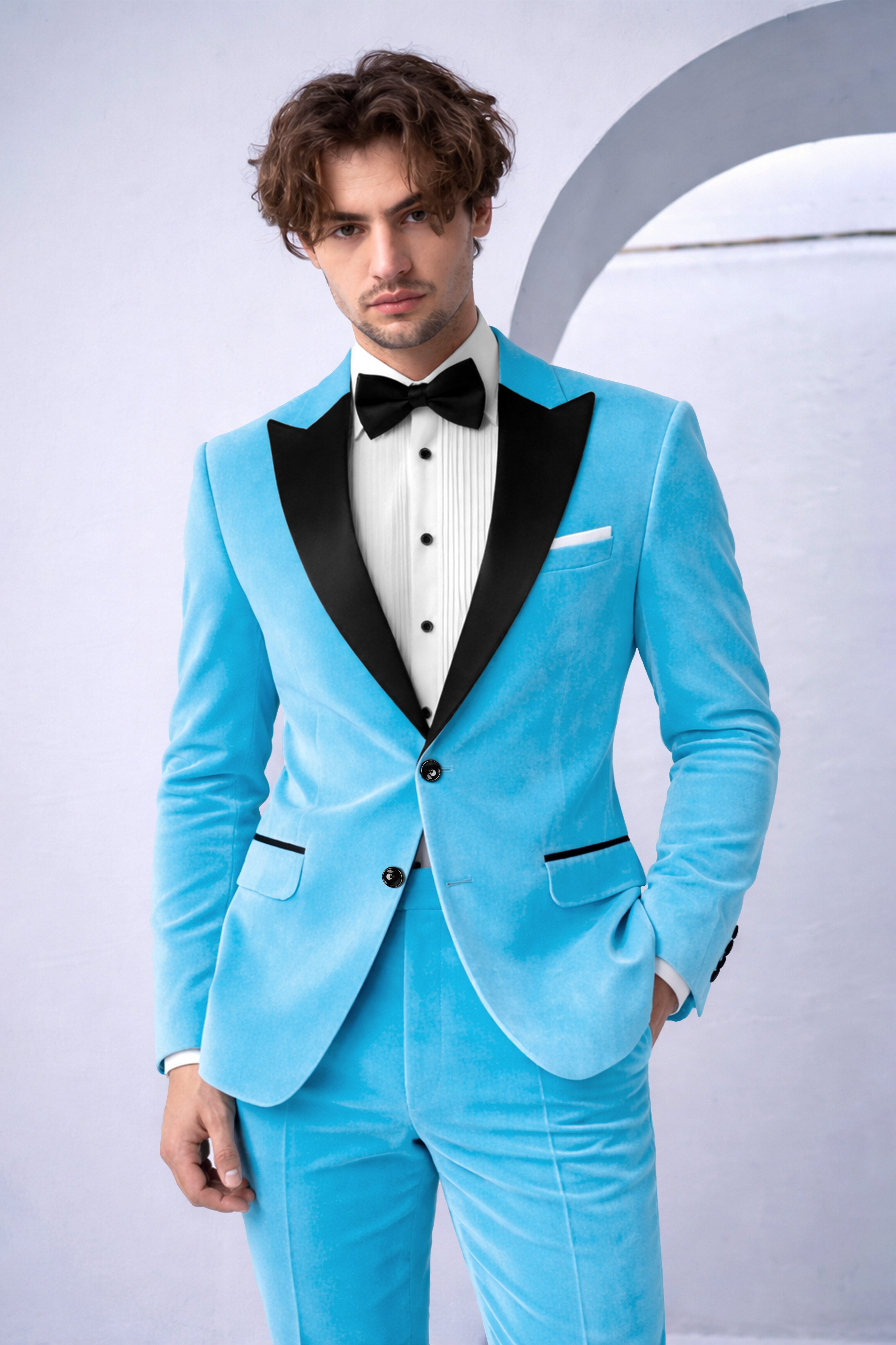 Azurion-Picton Blue Velvet Peak Lapel Tuxedo Suit