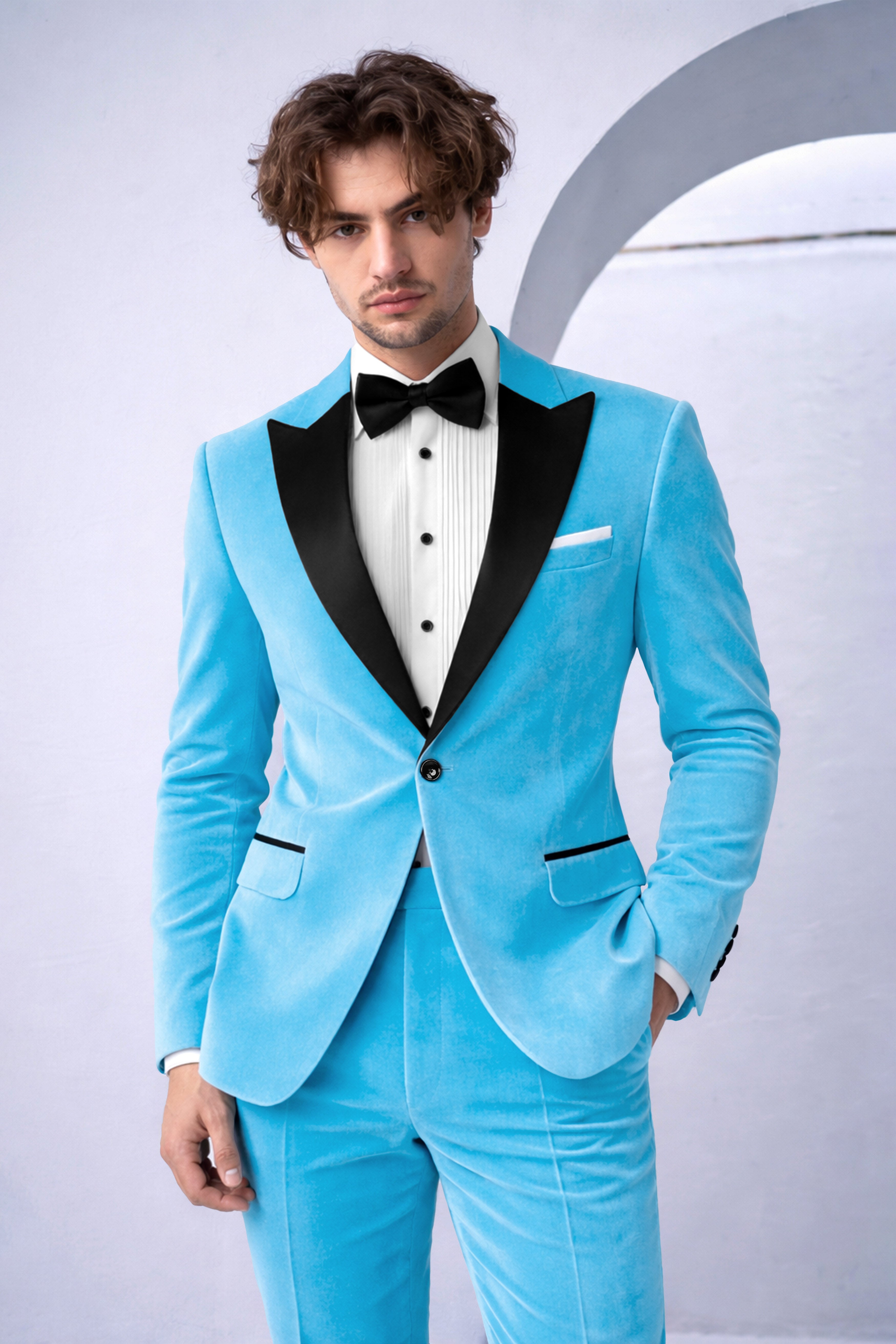 Azurion-Picton Blue Velvet Peak Lapel Tuxedo Suit