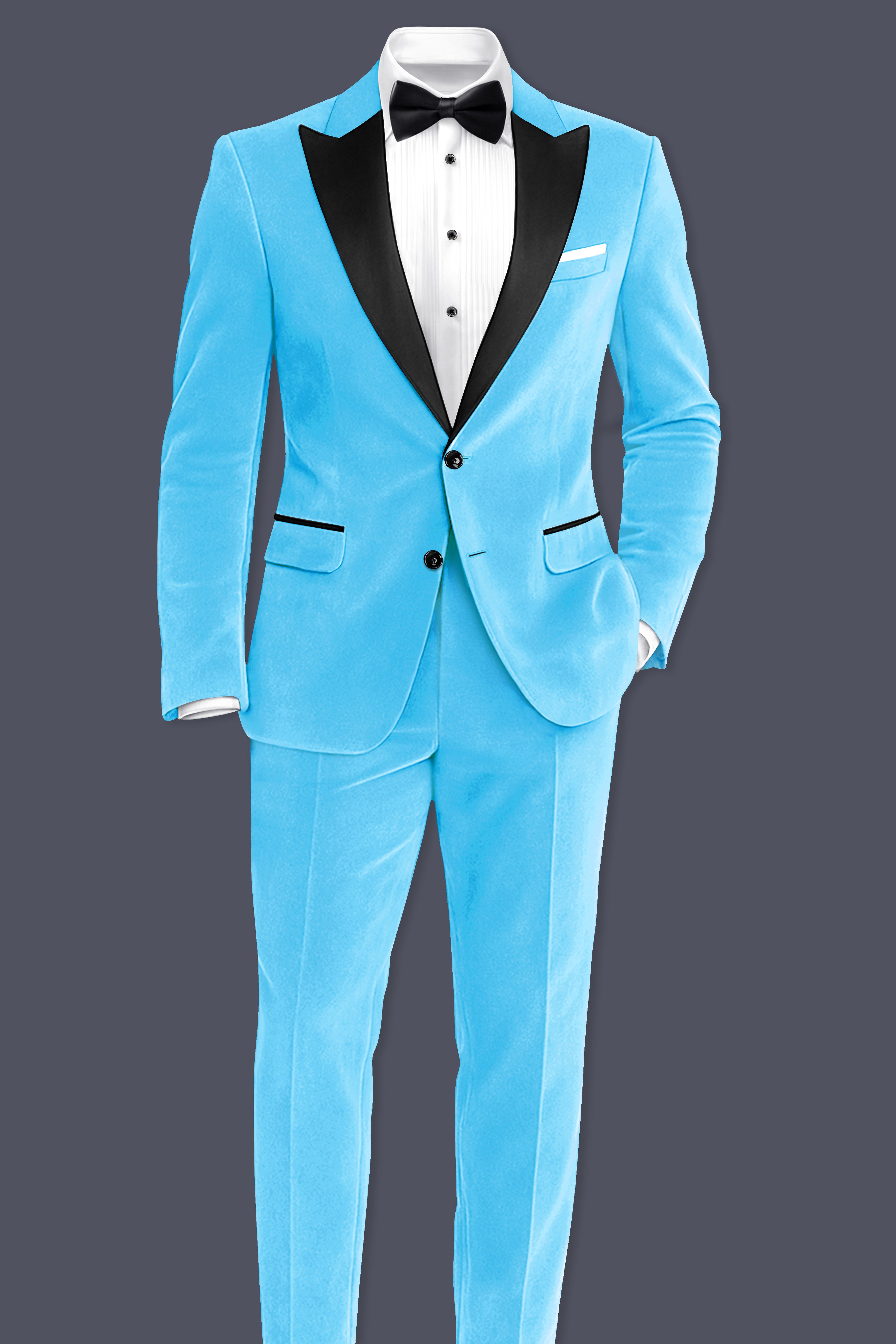 Azurion-Picton Blue Velvet Peak Lapel Tuxedo Suit