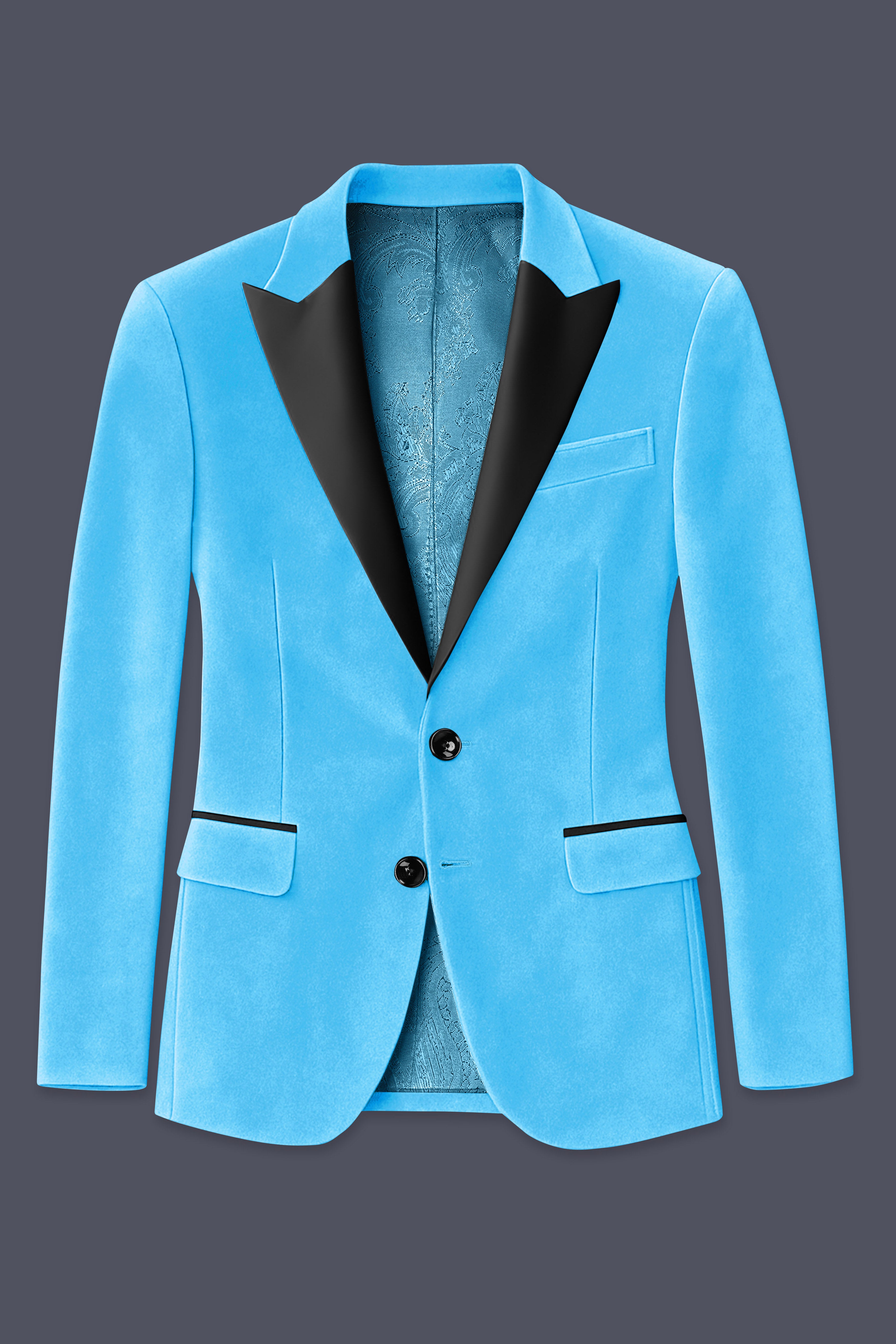 Azurion-Picton Blue Velvet Peak Lapel Tuxedo Suit