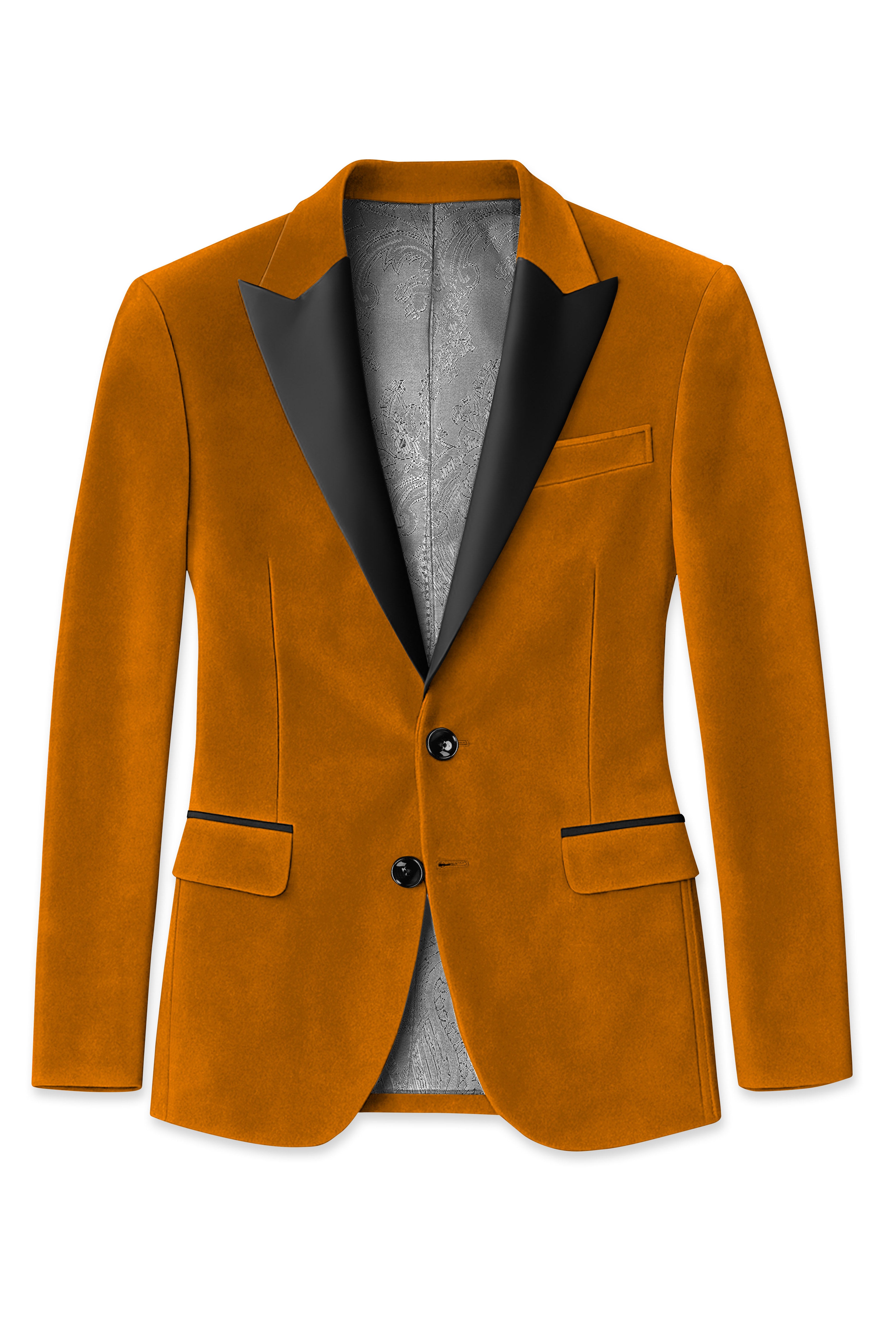 Volcan-Fiery Orange Velvet Peak Lapel Tuxedo Suit