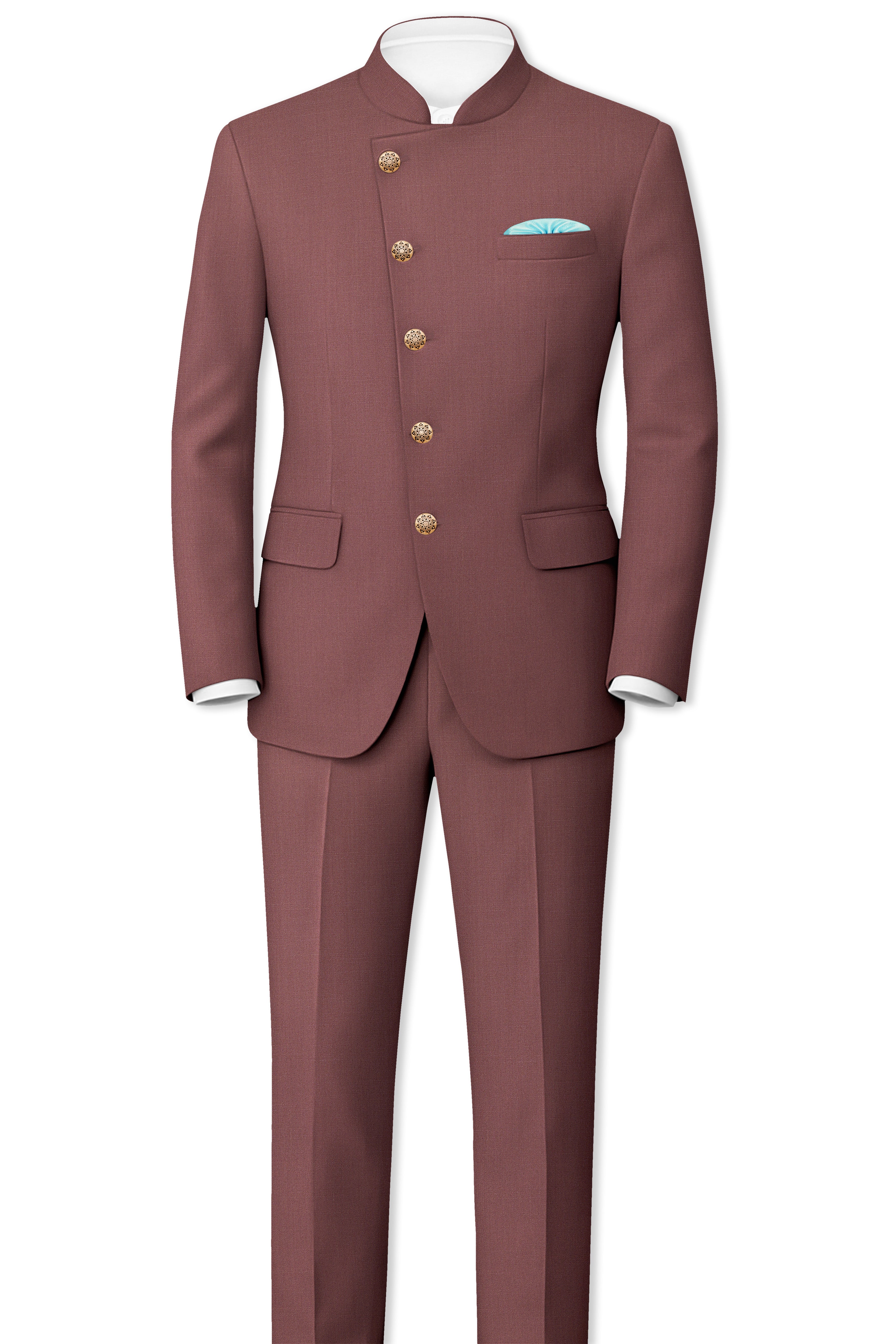 Heritage-Finch Maroon Wool Rich Cross Placket Bandhgala Slight Stretch Suit