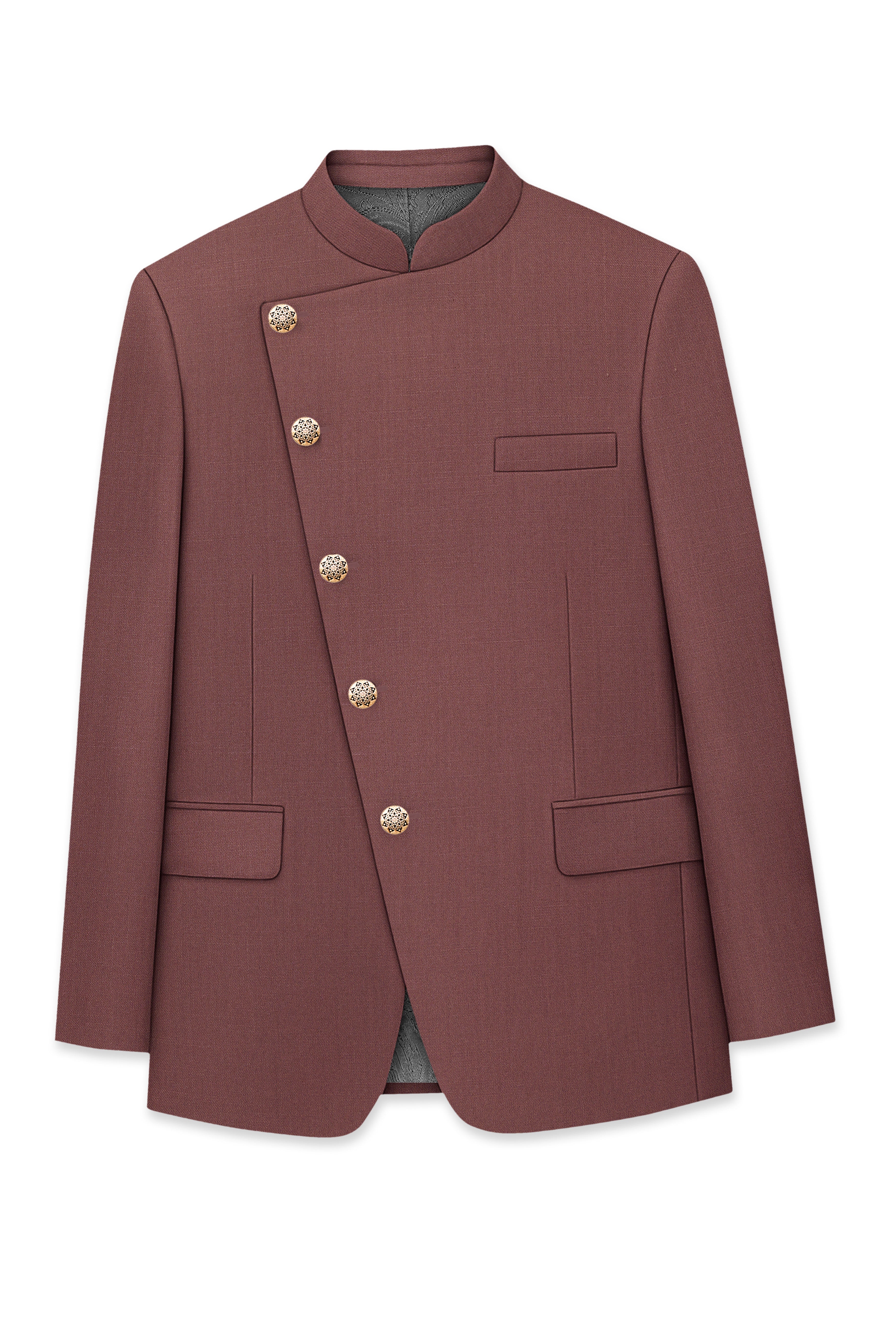 Heritage-Finch Maroon Wool Rich Cross Placket Bandhgala Slight Stretch Suit