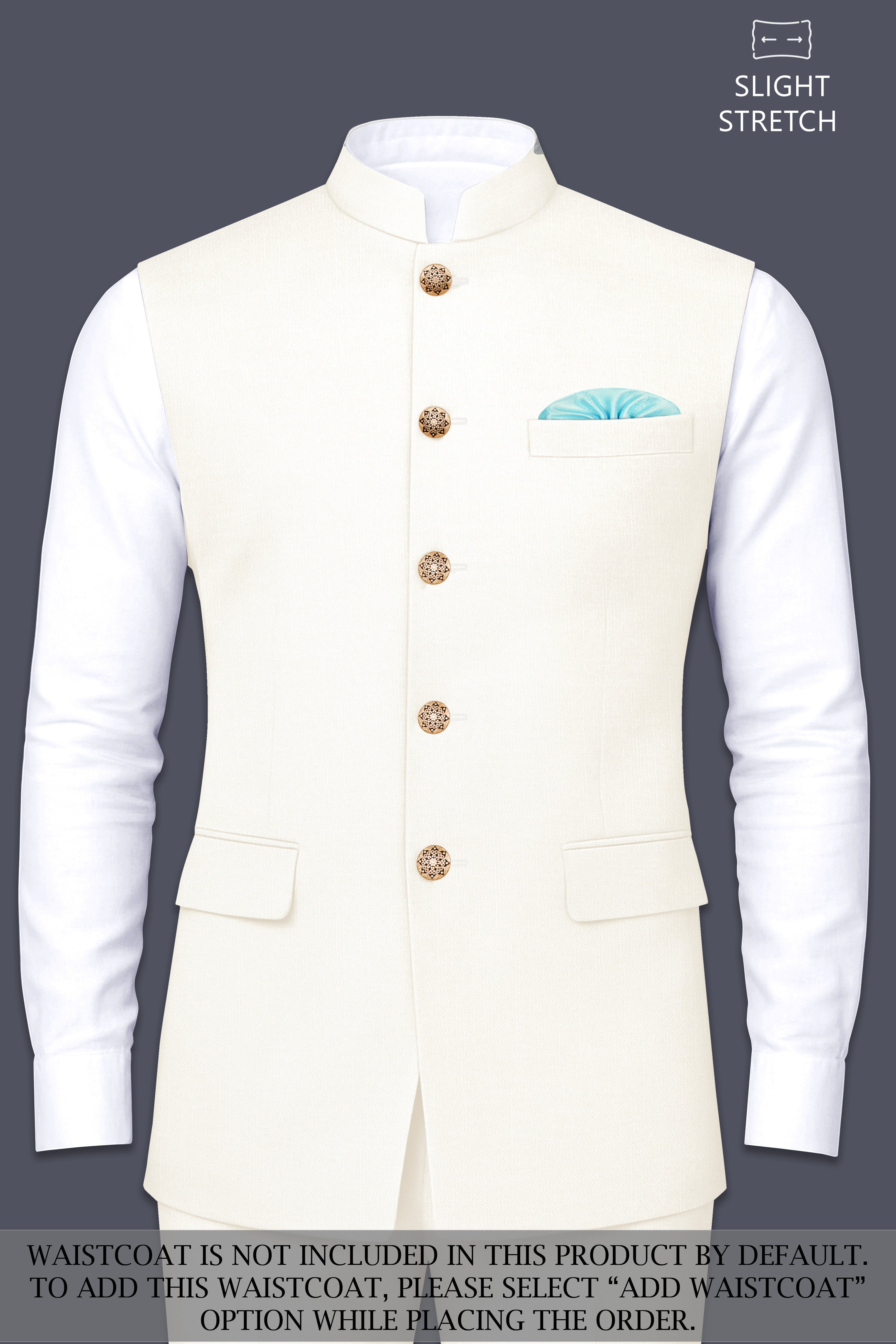 Ivory-Cararra Cream Wool Rich Cross Placket Bandhgala Slight Stretch Suit