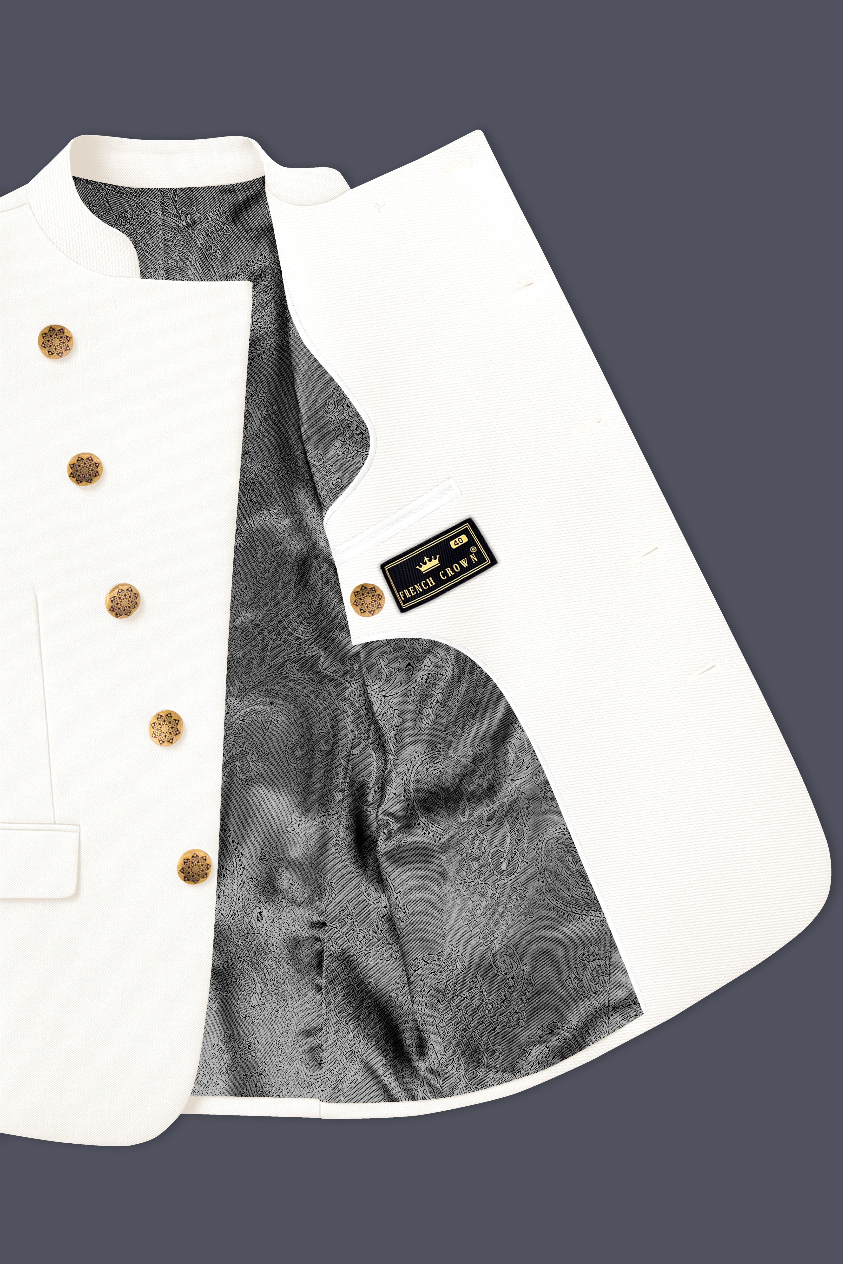 Ivory-Cararra Cream Wool Rich Cross Placket Bandhgala Slight Stretch Suit