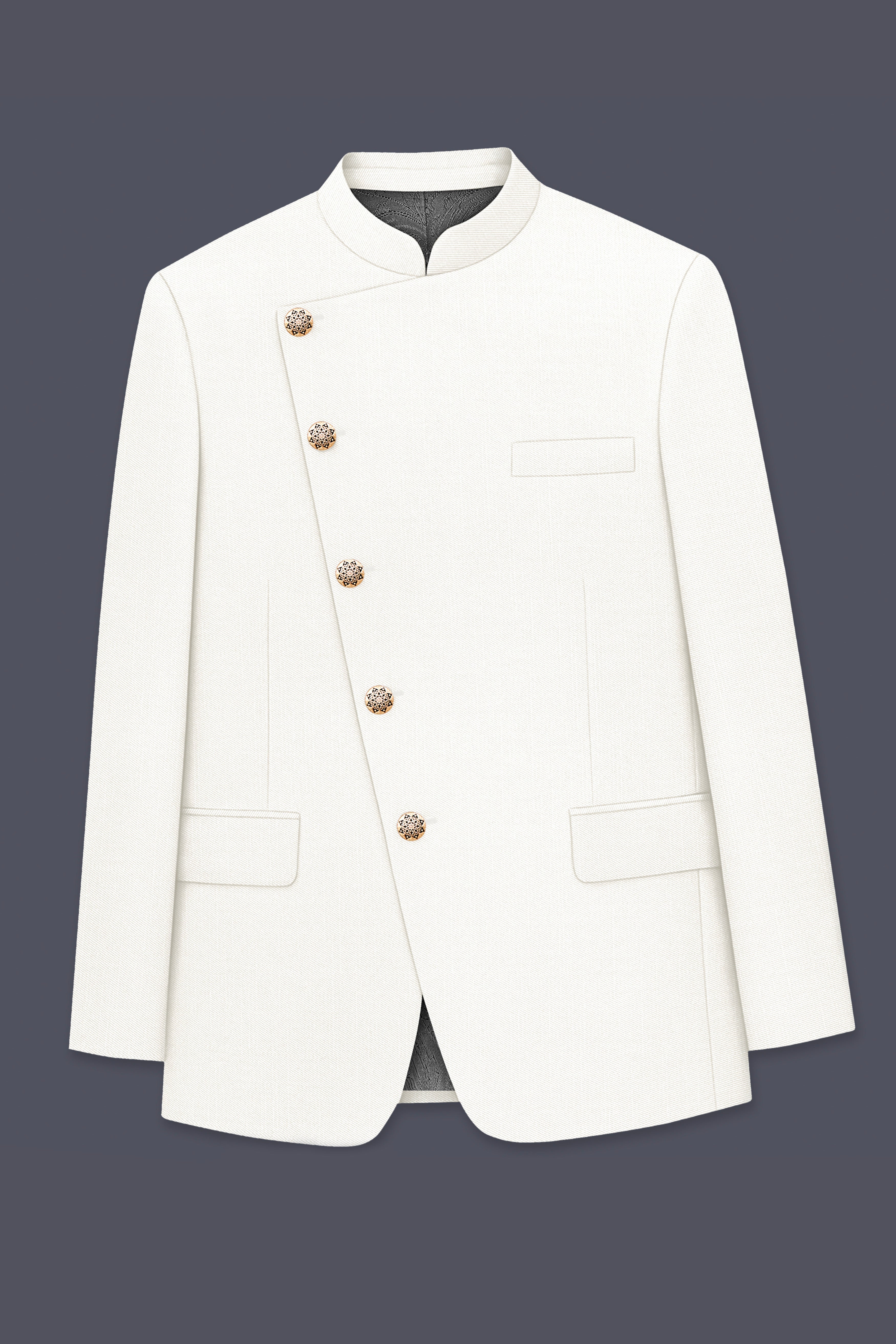 Ivory-Cararra Cream Wool Rich Cross Placket Bandhgala Slight Stretch Suit