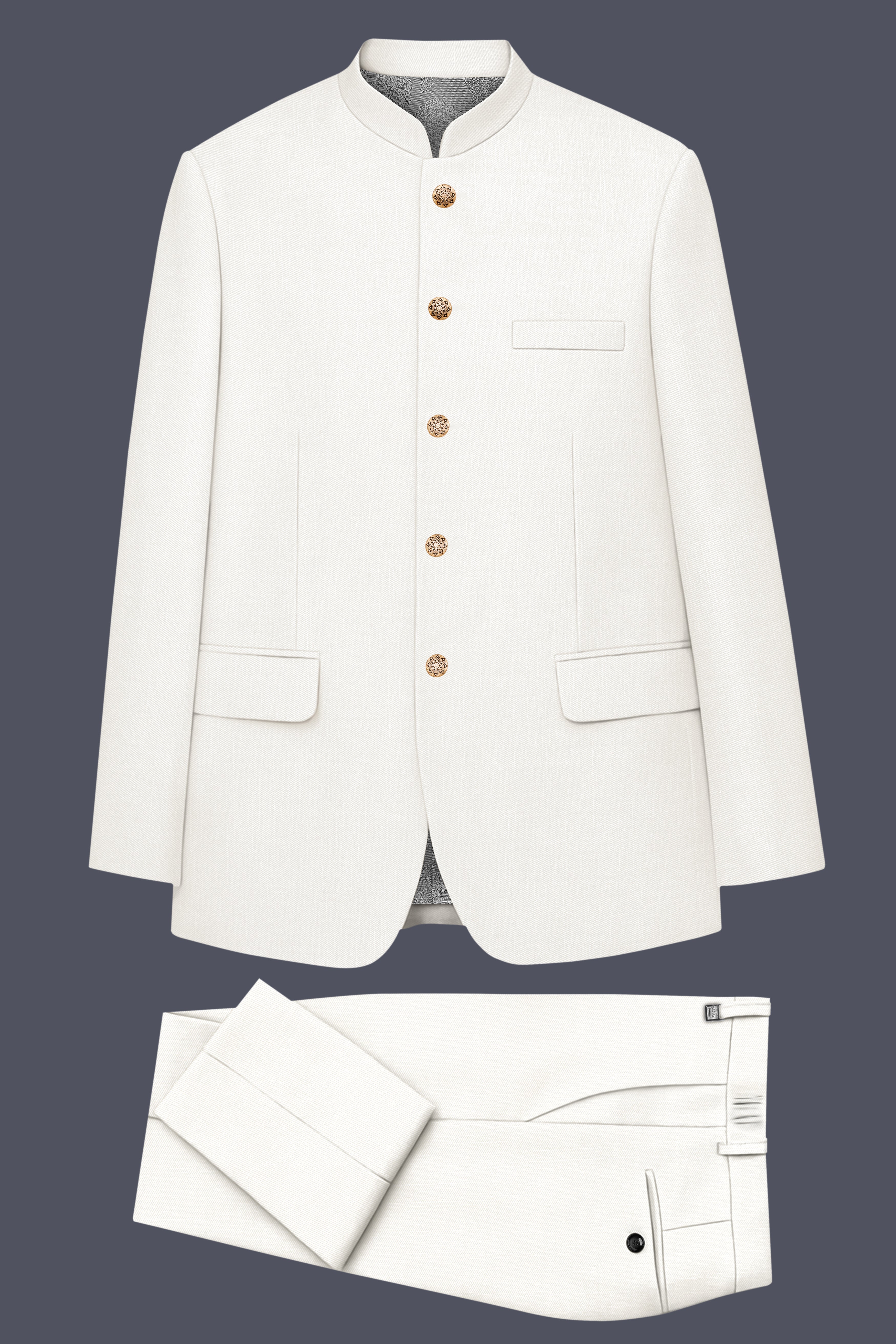 Ivory-Cararra Cream Wool Rich Bandhgala Slight Stretch Suit