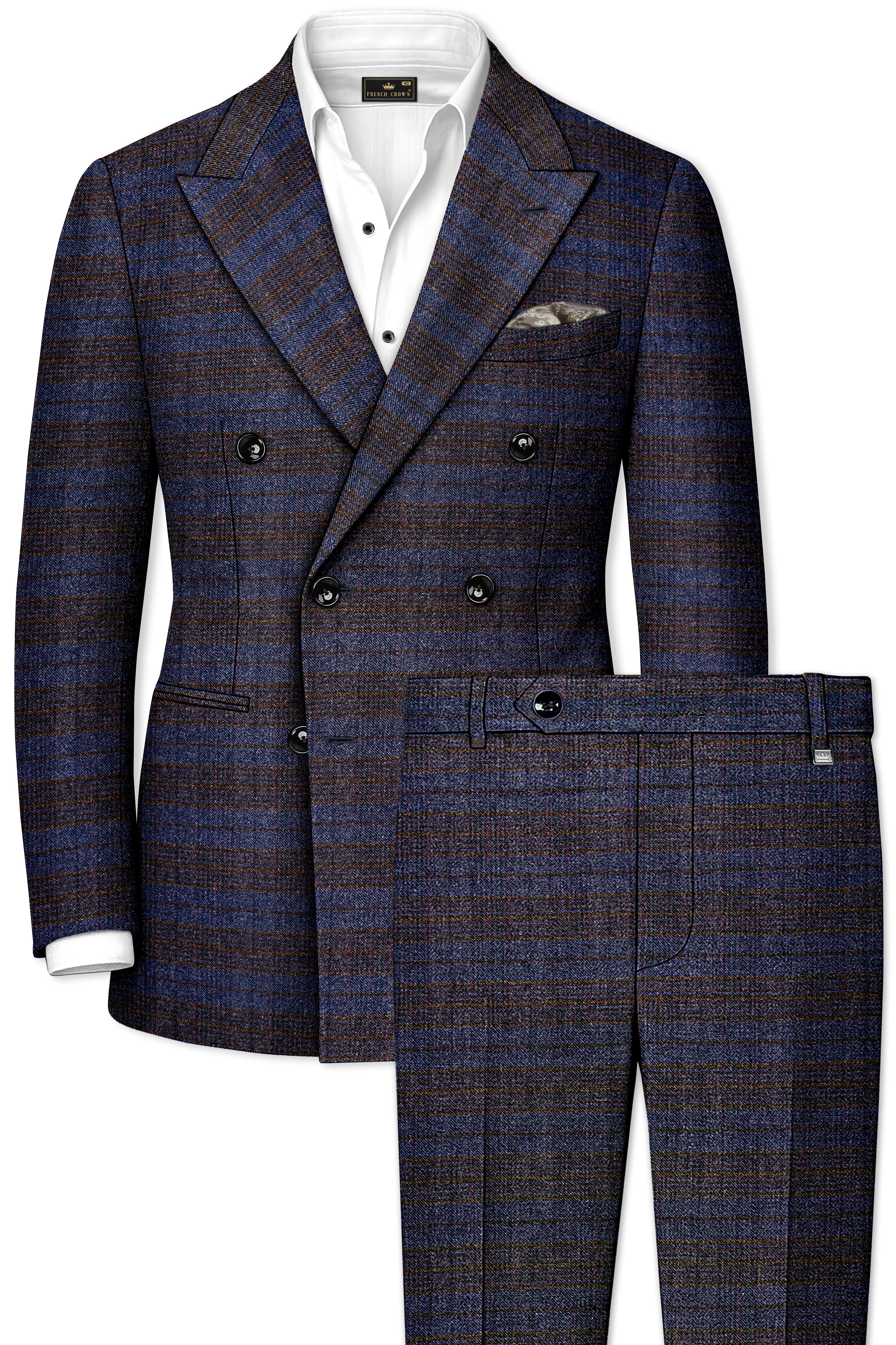 Velourish-Tealish Blue And Tuatara Gray Glen Plaid Tweed Double Breasted Suits