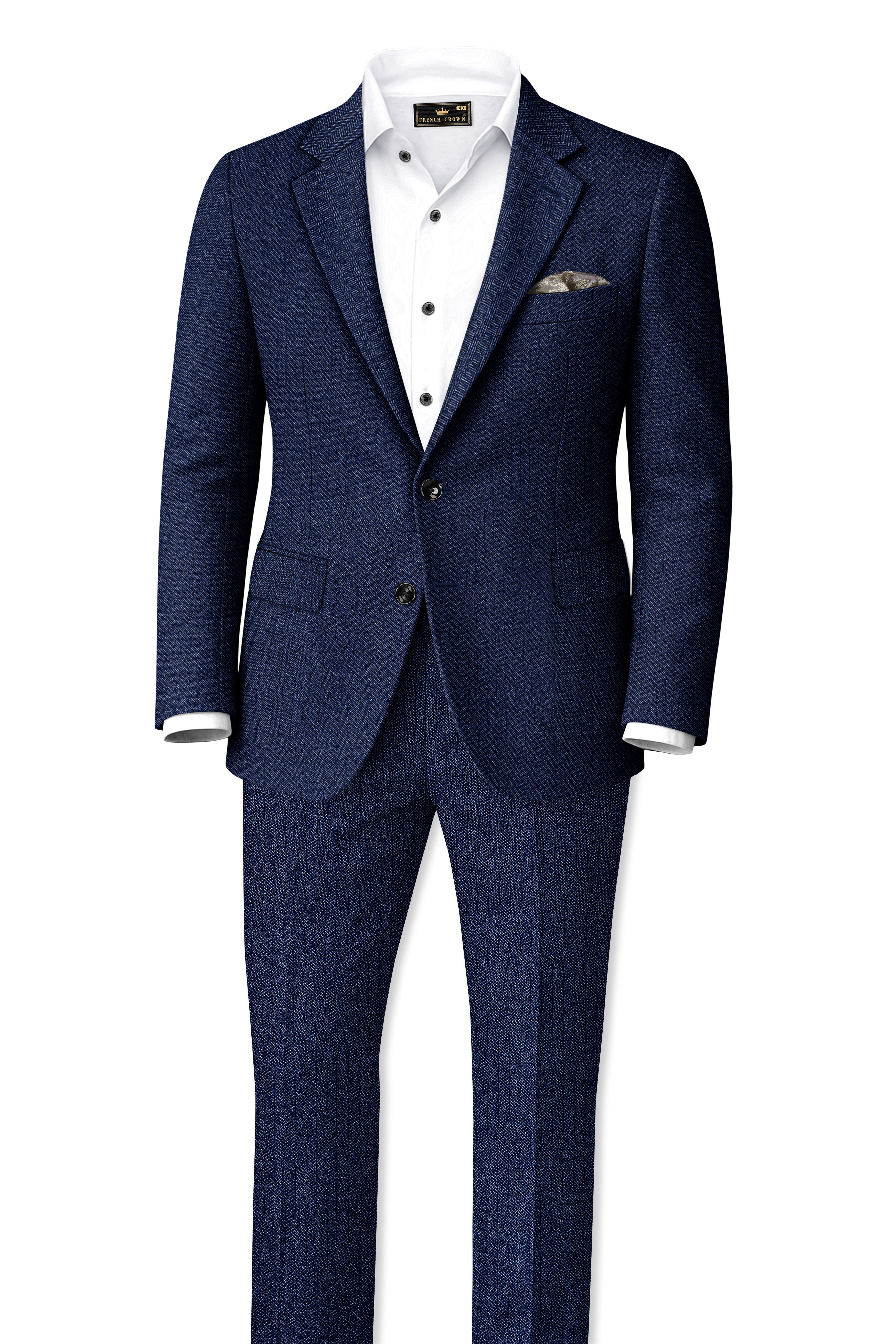 Aurevu-Vulcan Blue Herringbone Textured Tweed Single Breasted Suits