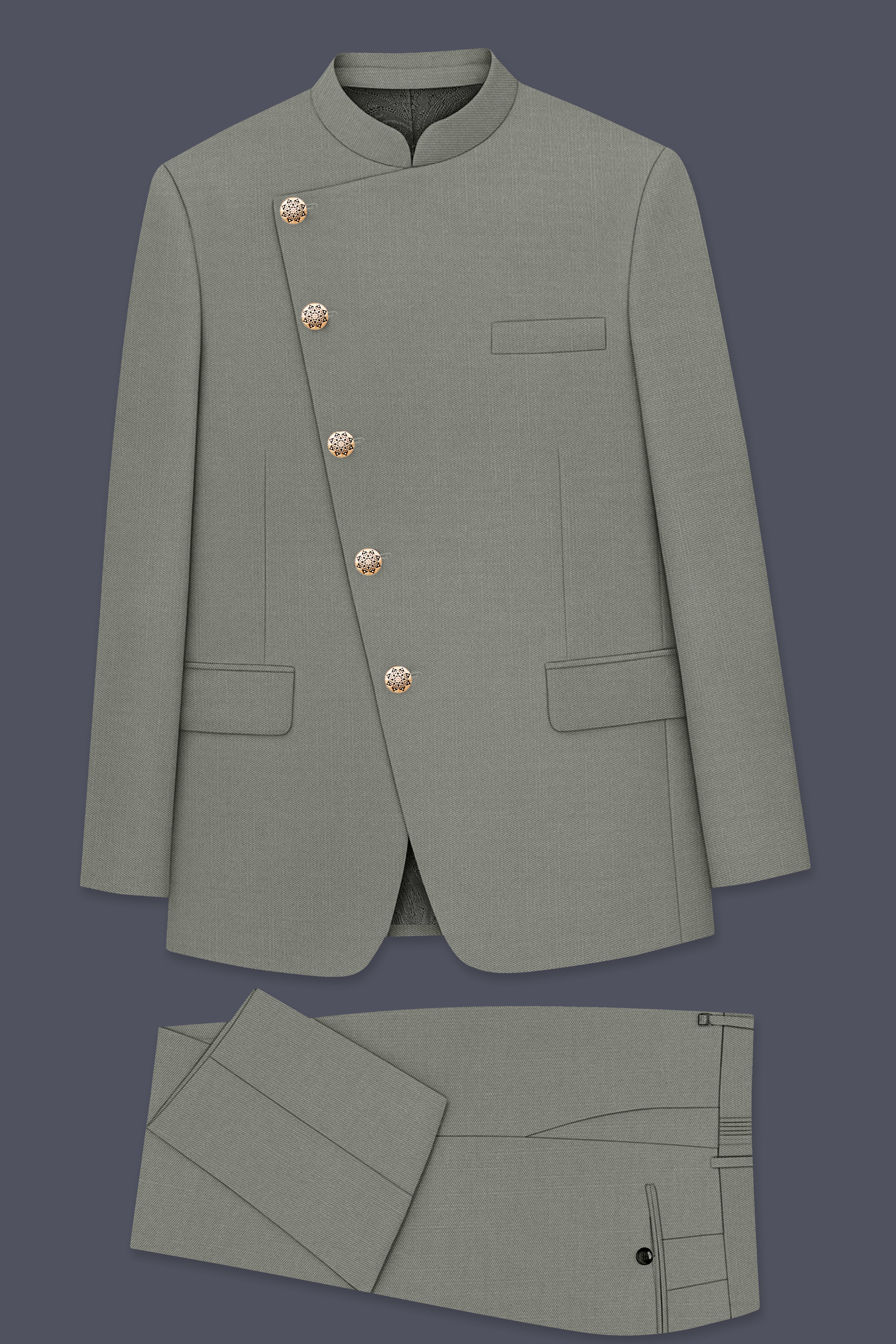 Verdure-Sage Green Wool Rich Cross Placket Bandhgala Slight Stretch Suits