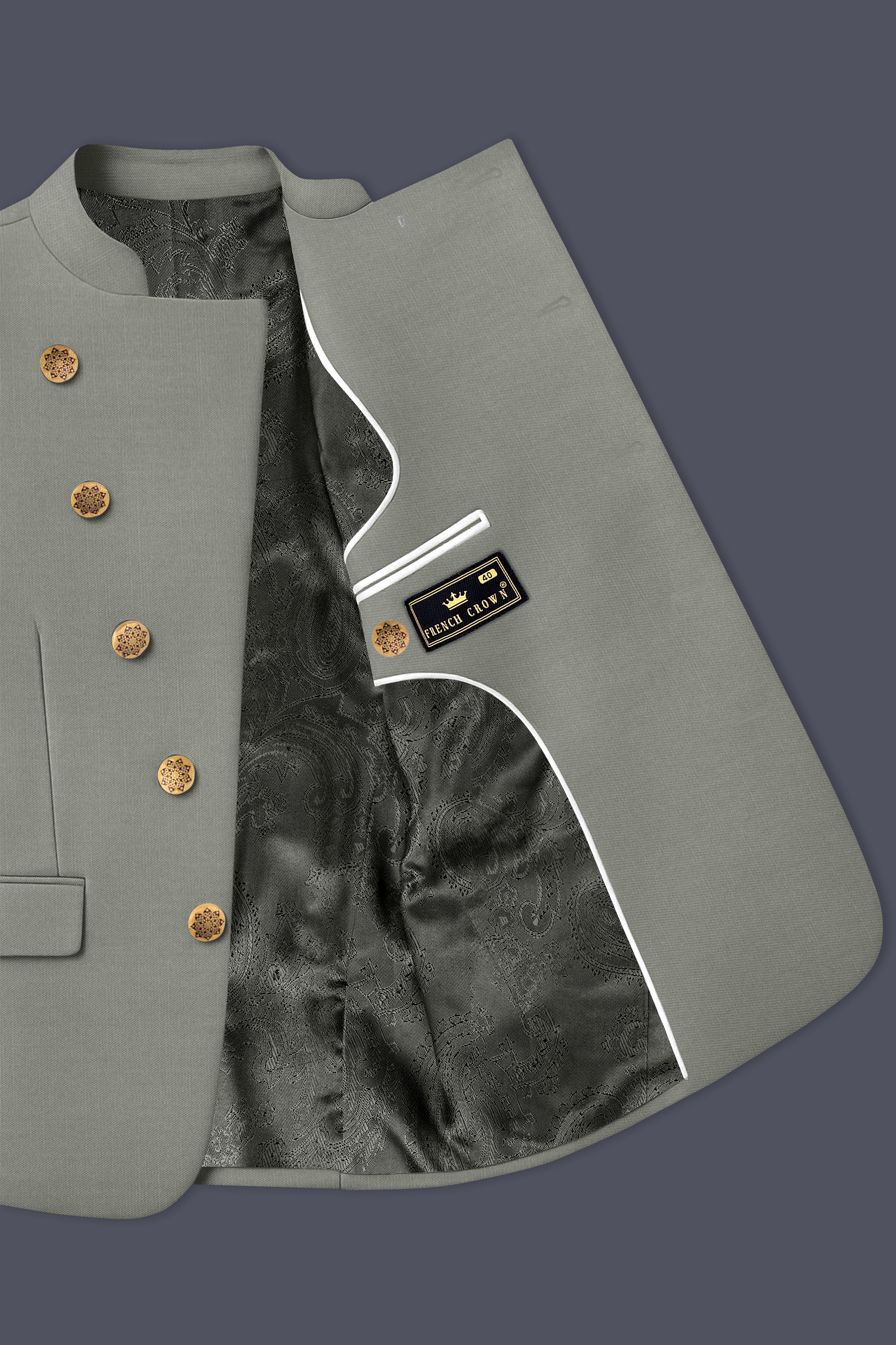 Verdure-Sage Green Wool Rich Cross Placket Bandhgala Slight Stretch Suits