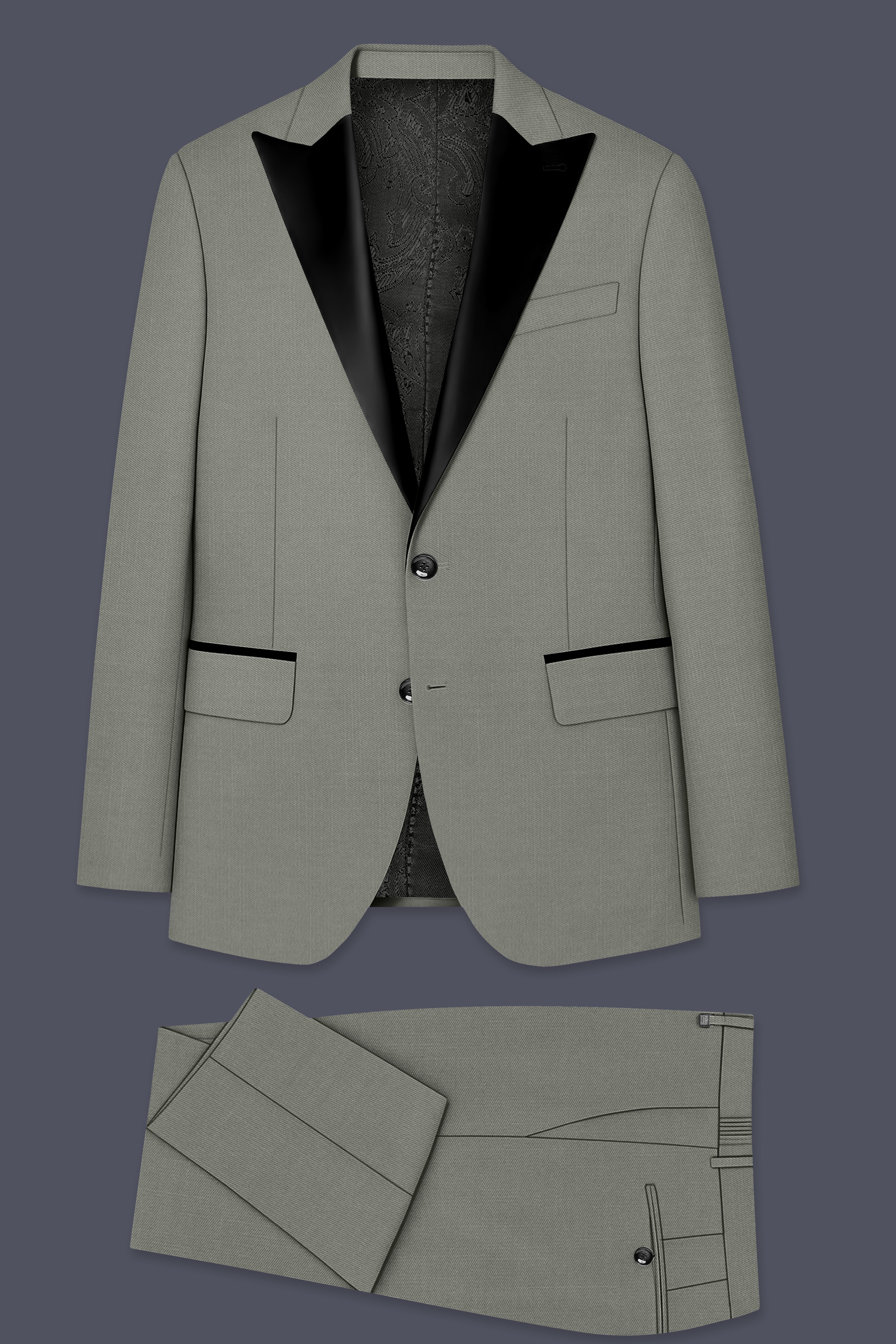 Verdure-Sage Green Wool Rich Peak Lapel Tuxedo Slight Stretch Suits