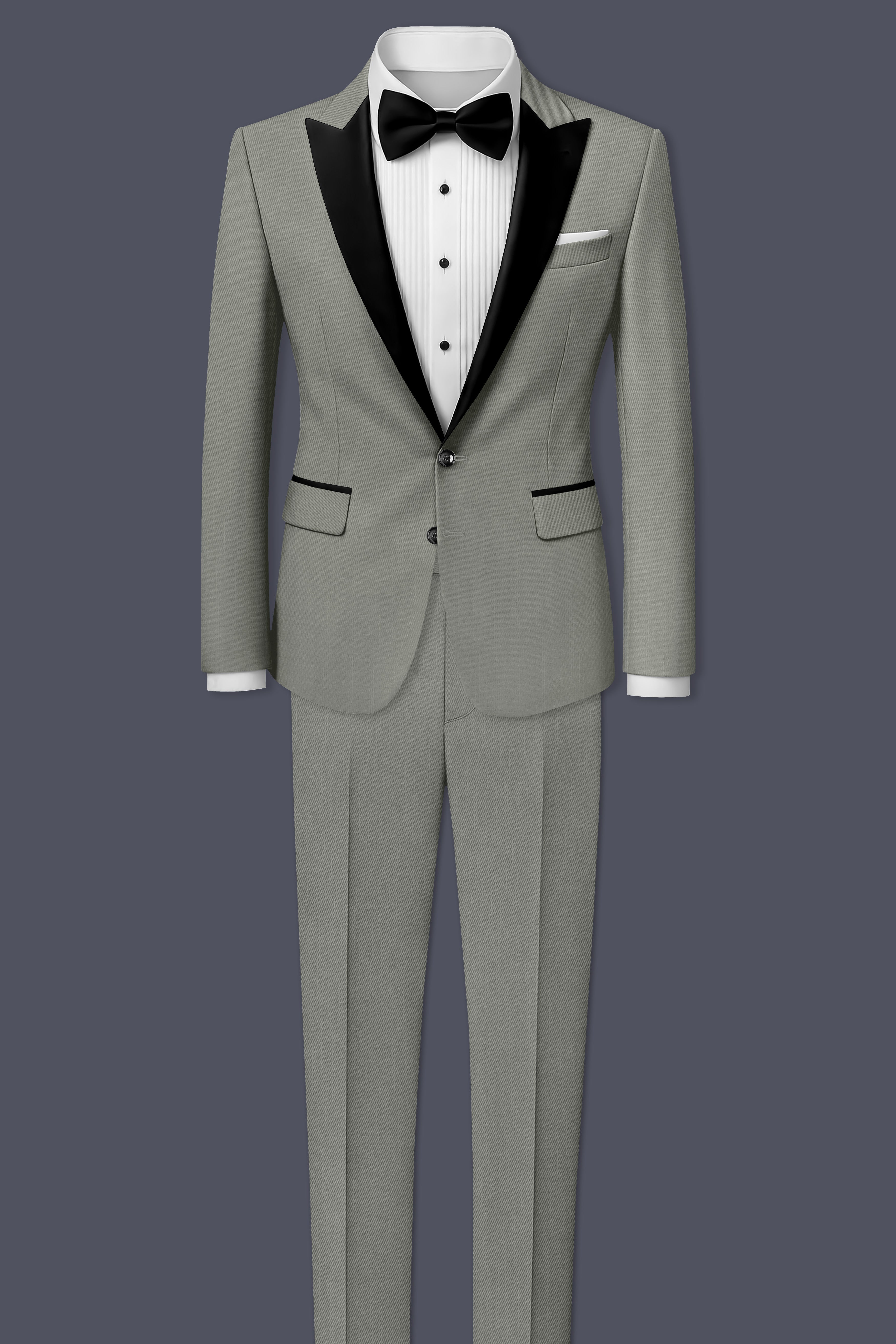 Verdure-Sage Green Wool Rich Peak Lapel Tuxedo Slight Stretch Suits