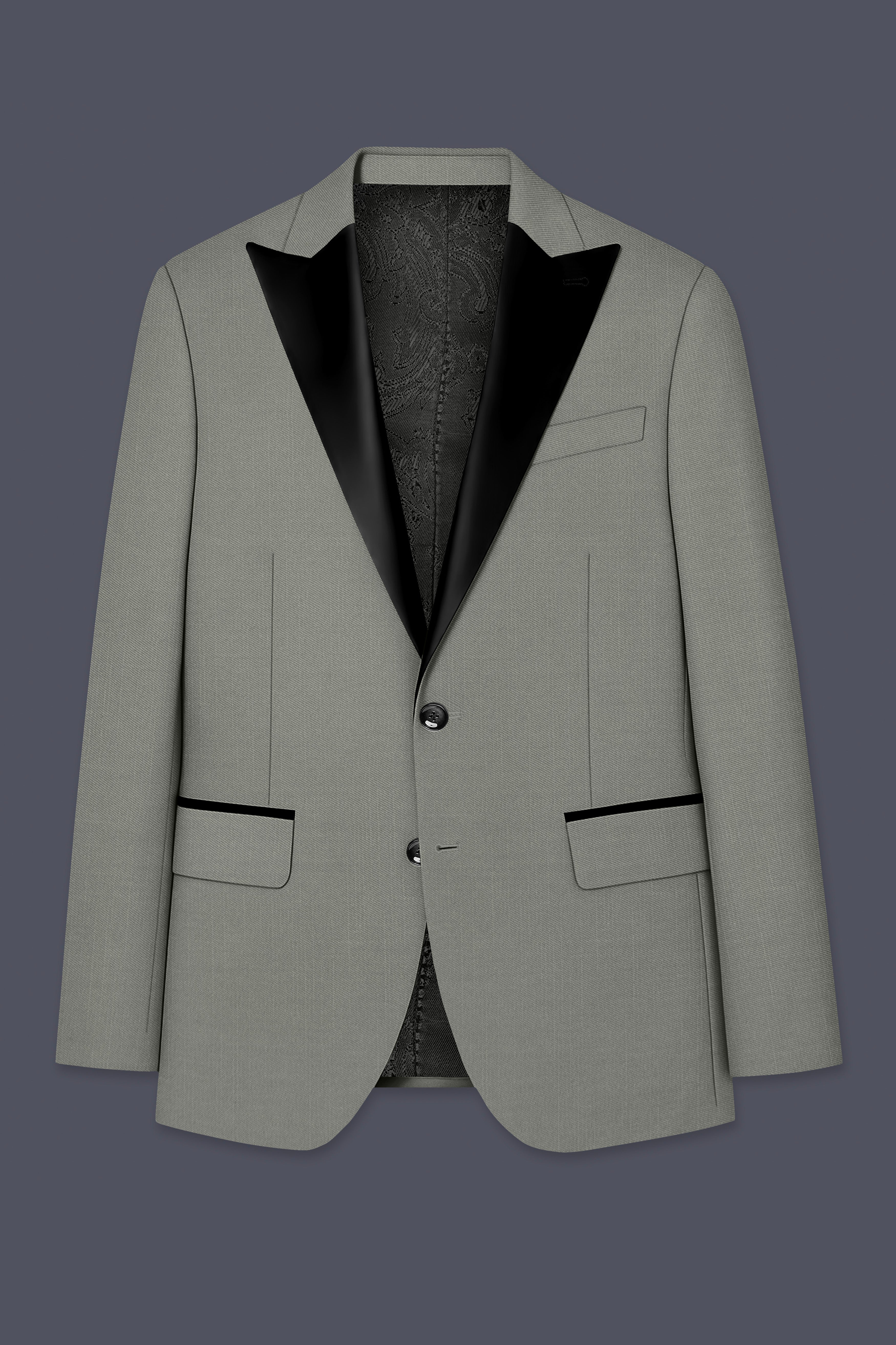 Verdure-Sage Green Wool Rich Peak Lapel Tuxedo Slight Stretch Suits