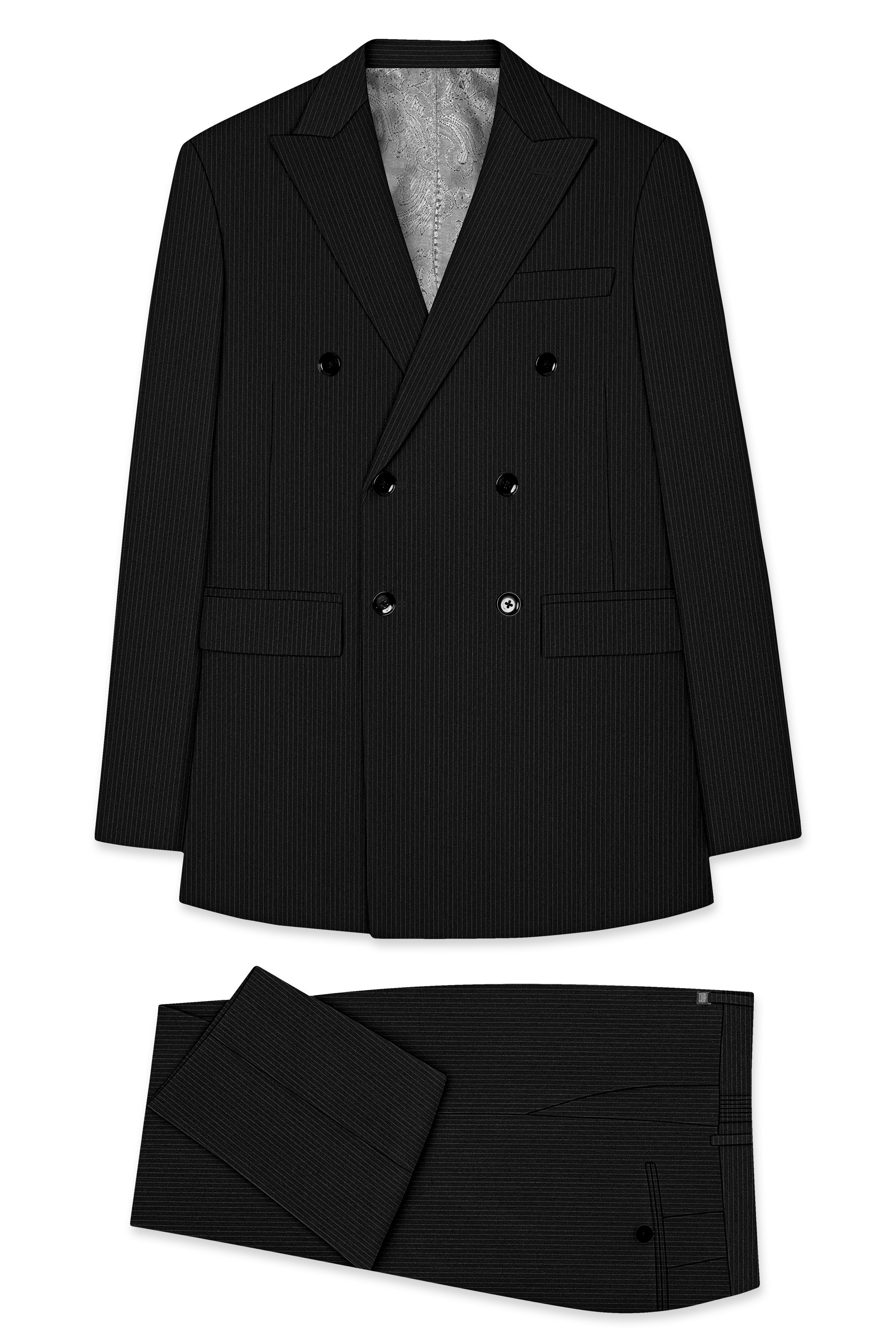Aurejax-Jade Black Pencil Striped Wool Rich Slight Stretch Double Breasted Suit