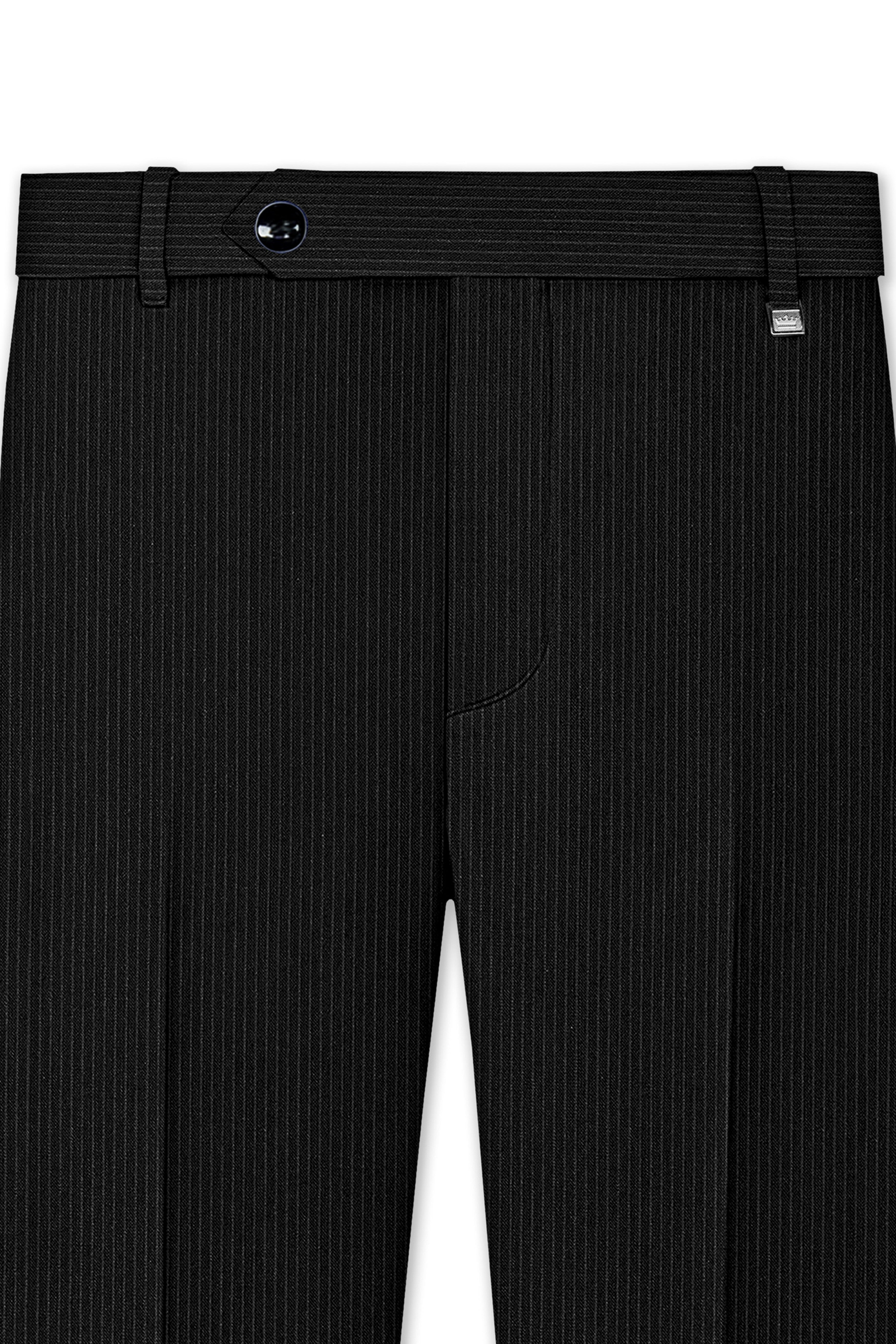 Aurejax-Jade Black Pencil Striped Wool Rich Slight Stretch Cross Placket Bandhgala Suit