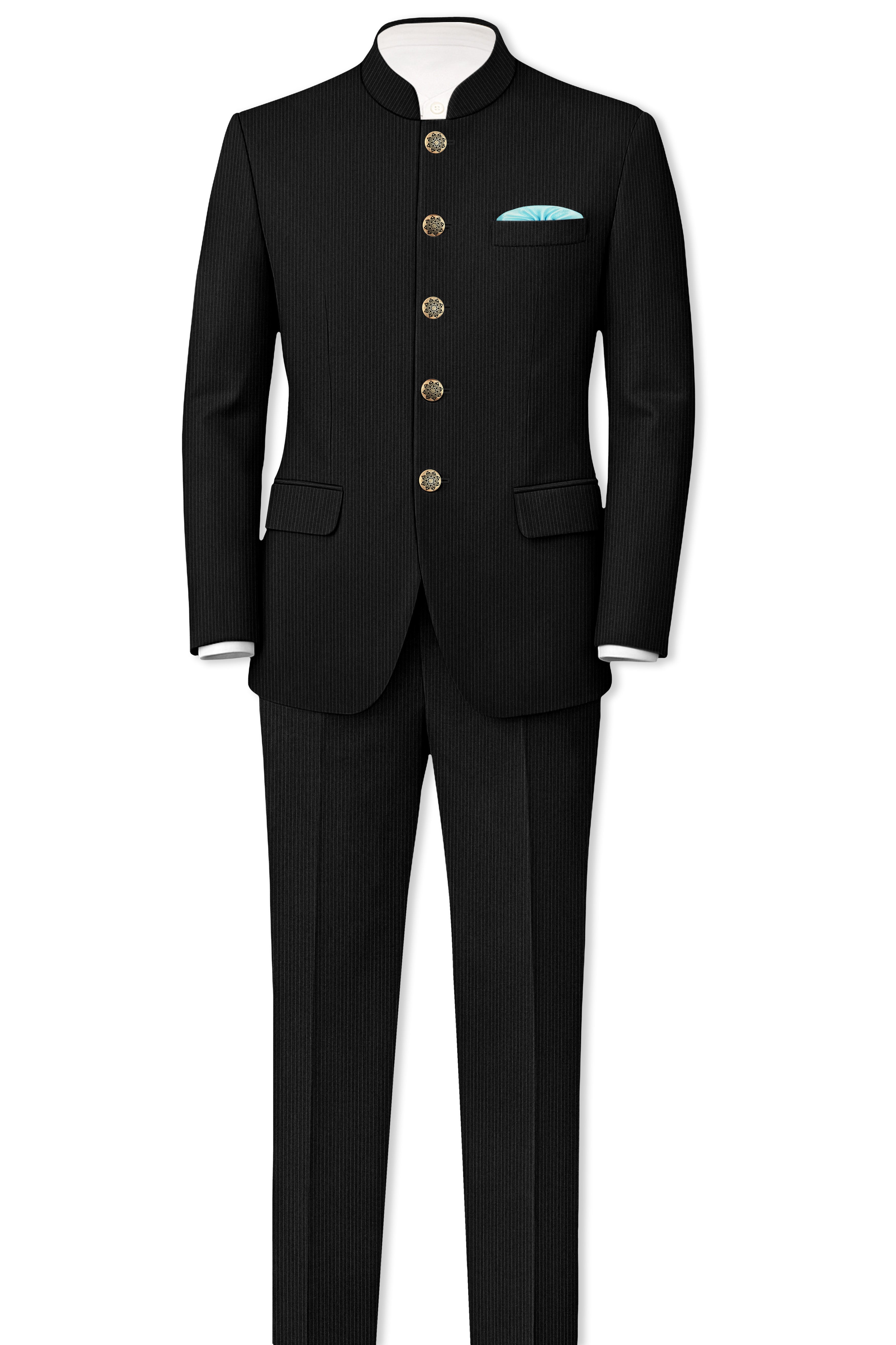 Aurejax-Jade Black Pencil Striped Wool Rich Bandhgala Slight Stretch Suit