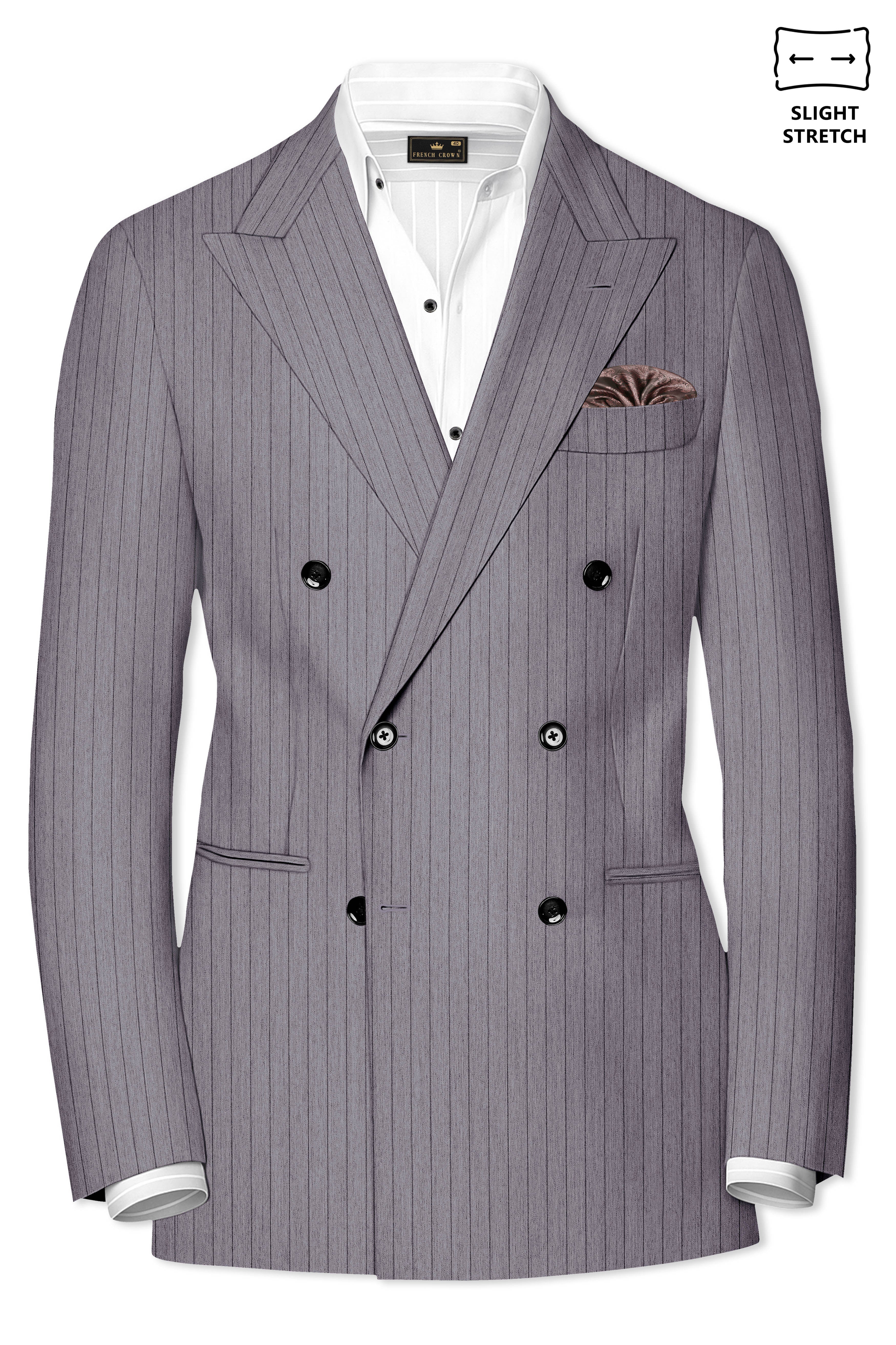 Velmoro-Mauve Gray Pin Striped Wool Rich Slight Stretch Double Breasted Suit