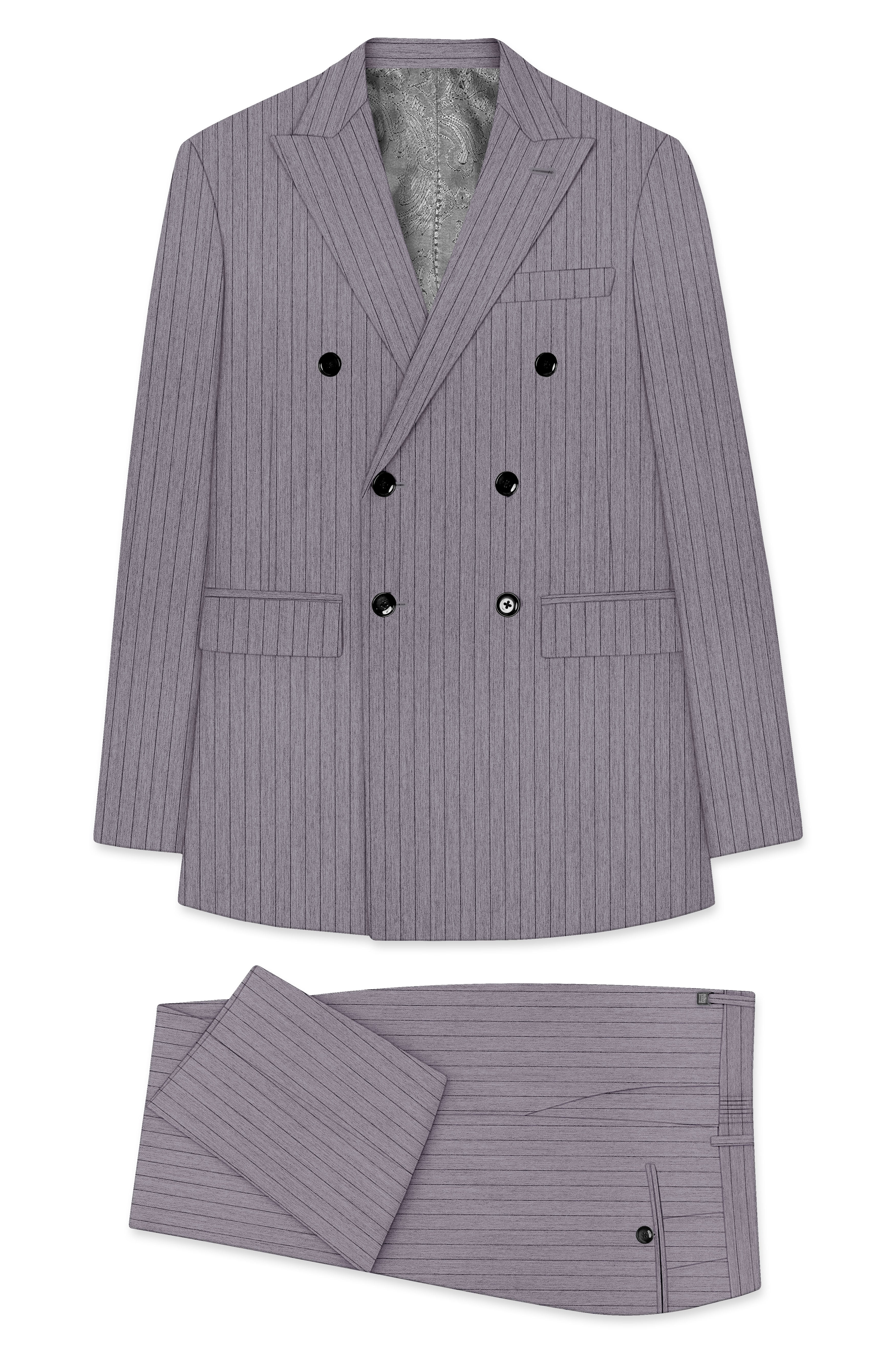 Velmoro-Mauve Gray Pin Striped Wool Rich Slight Stretch Double Breasted Suit