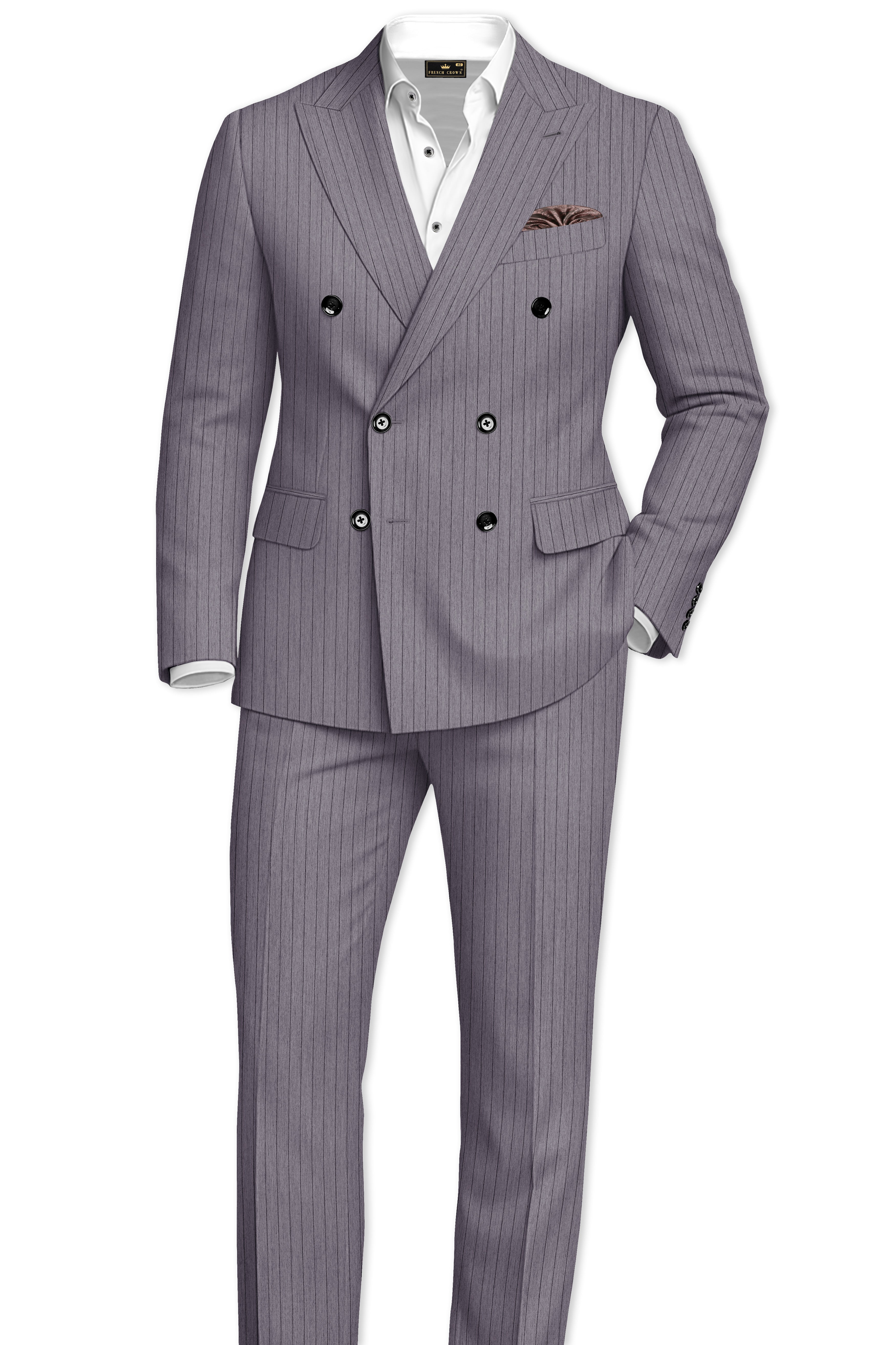 Velmoro-Mauve Gray Pin Striped Wool Rich Slight Stretch Double Breasted Suit