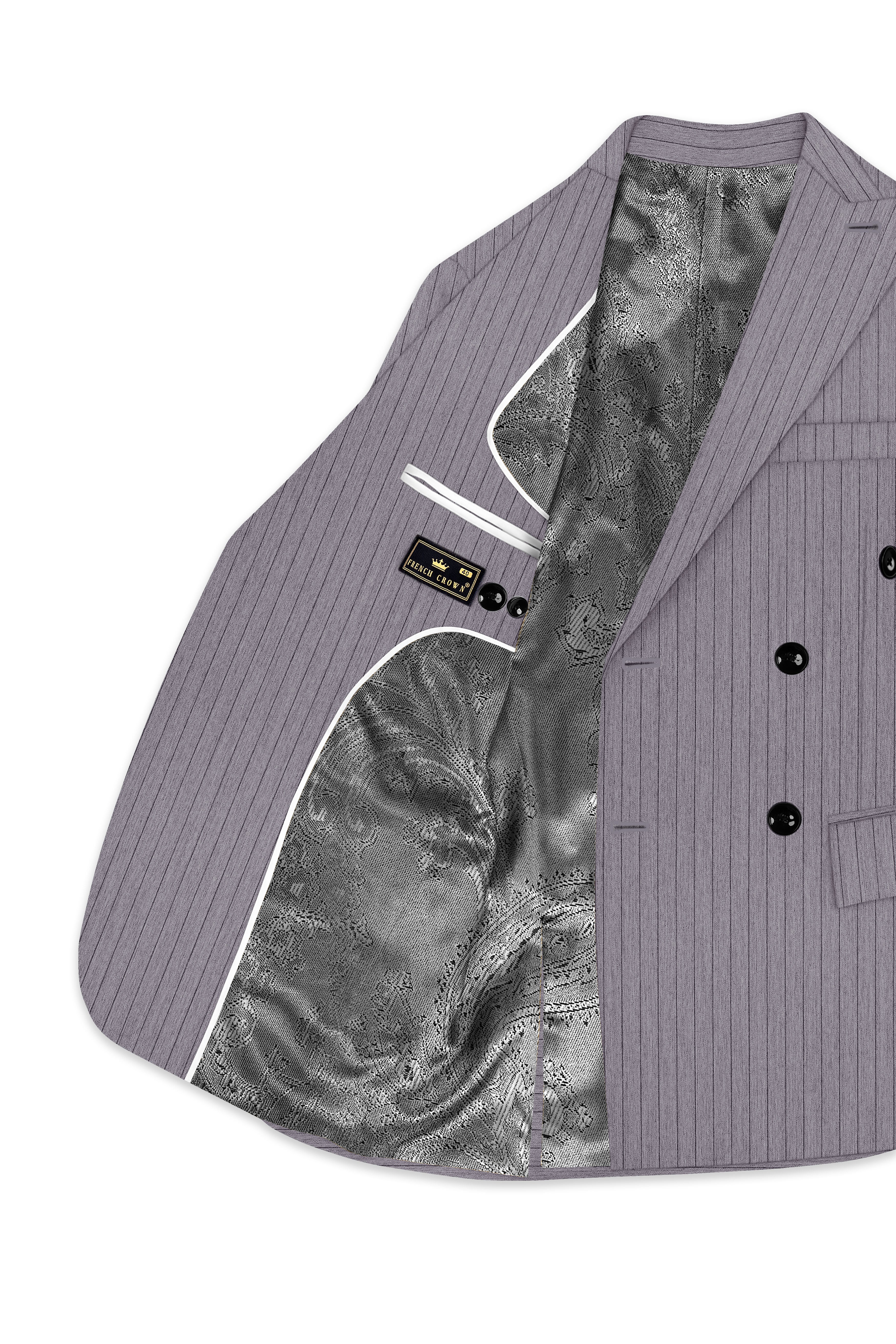 Velmoro-Mauve Gray Pin Striped Wool Rich Slight Stretch Double Breasted Suit