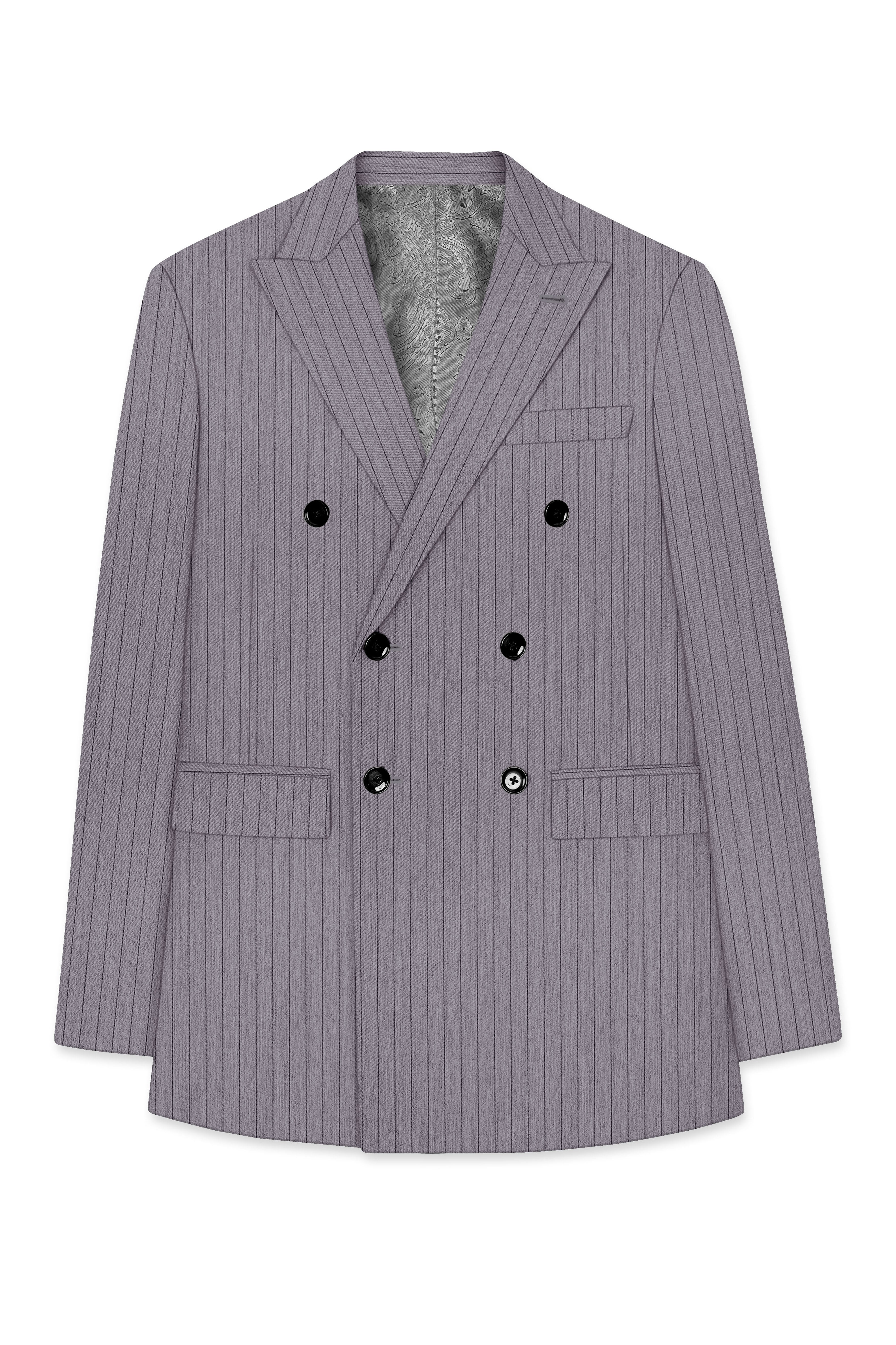 Velmoro-Mauve Gray Pin Striped Wool Rich Slight Stretch Double Breasted Suit