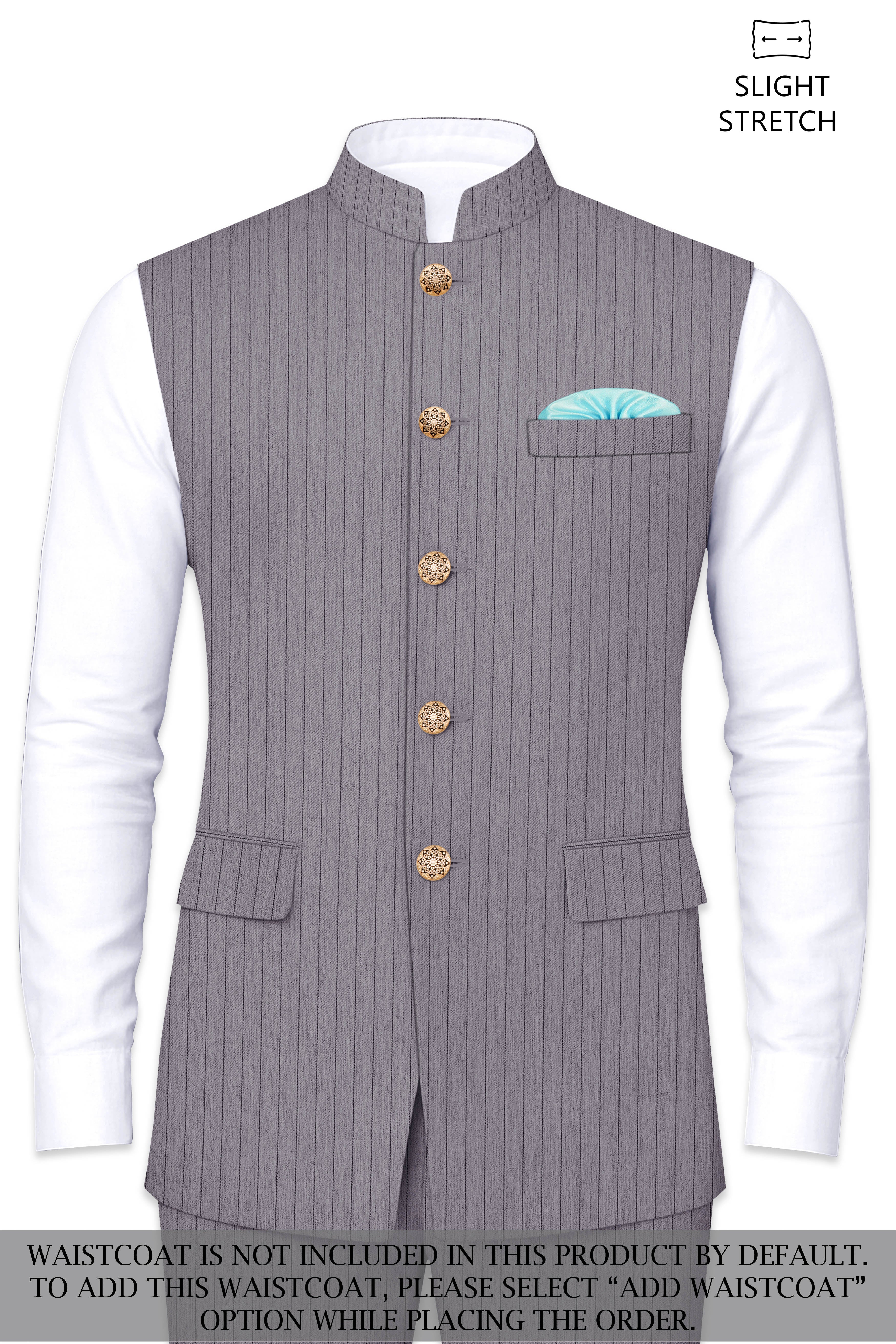 Velmoro-Mauve Gray Pin Striped Wool Rich Slight Stretch Bandhgala Suit