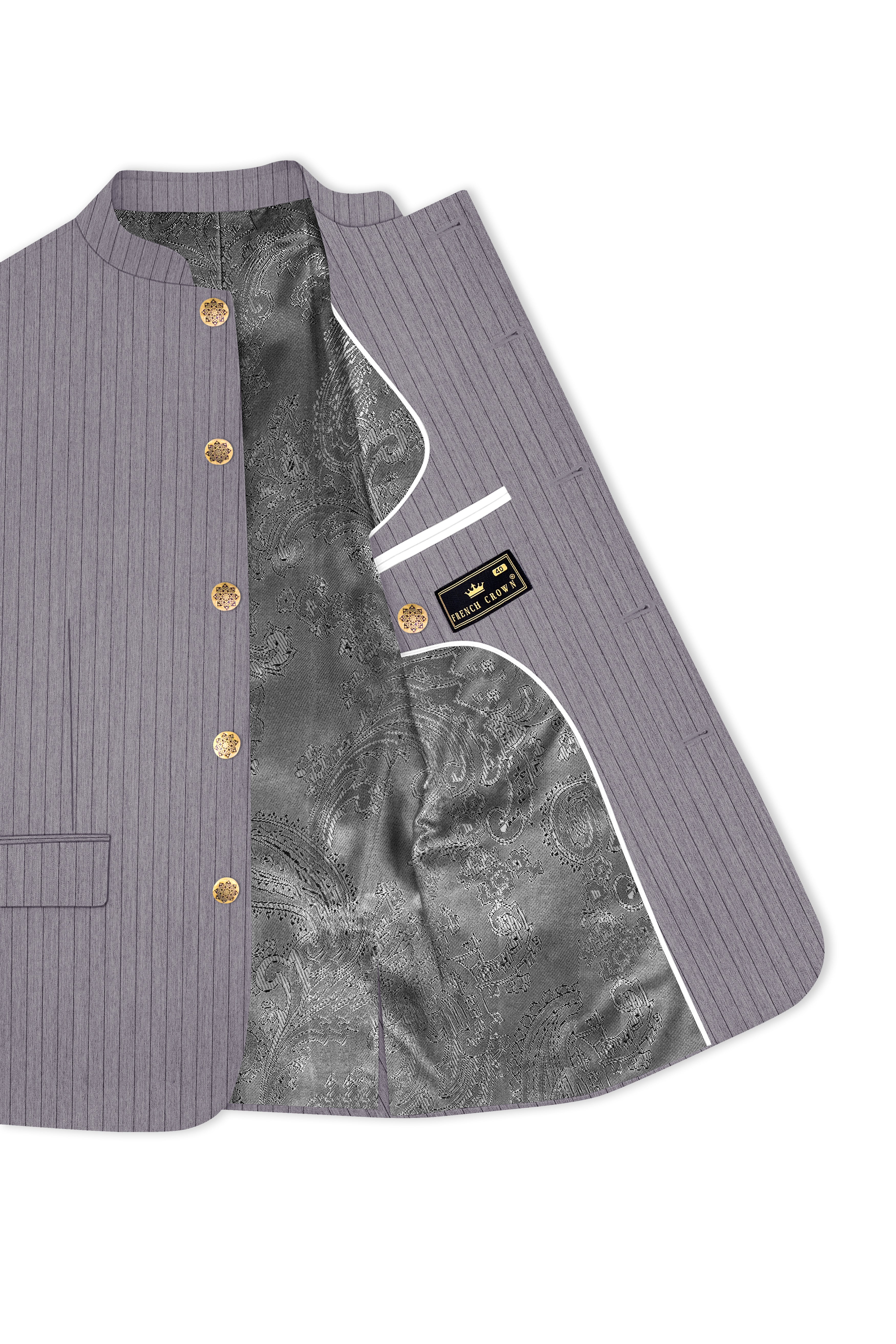 Velmoro-Mauve Gray Pin Striped Wool Rich Slight Stretch Bandhgala Suit