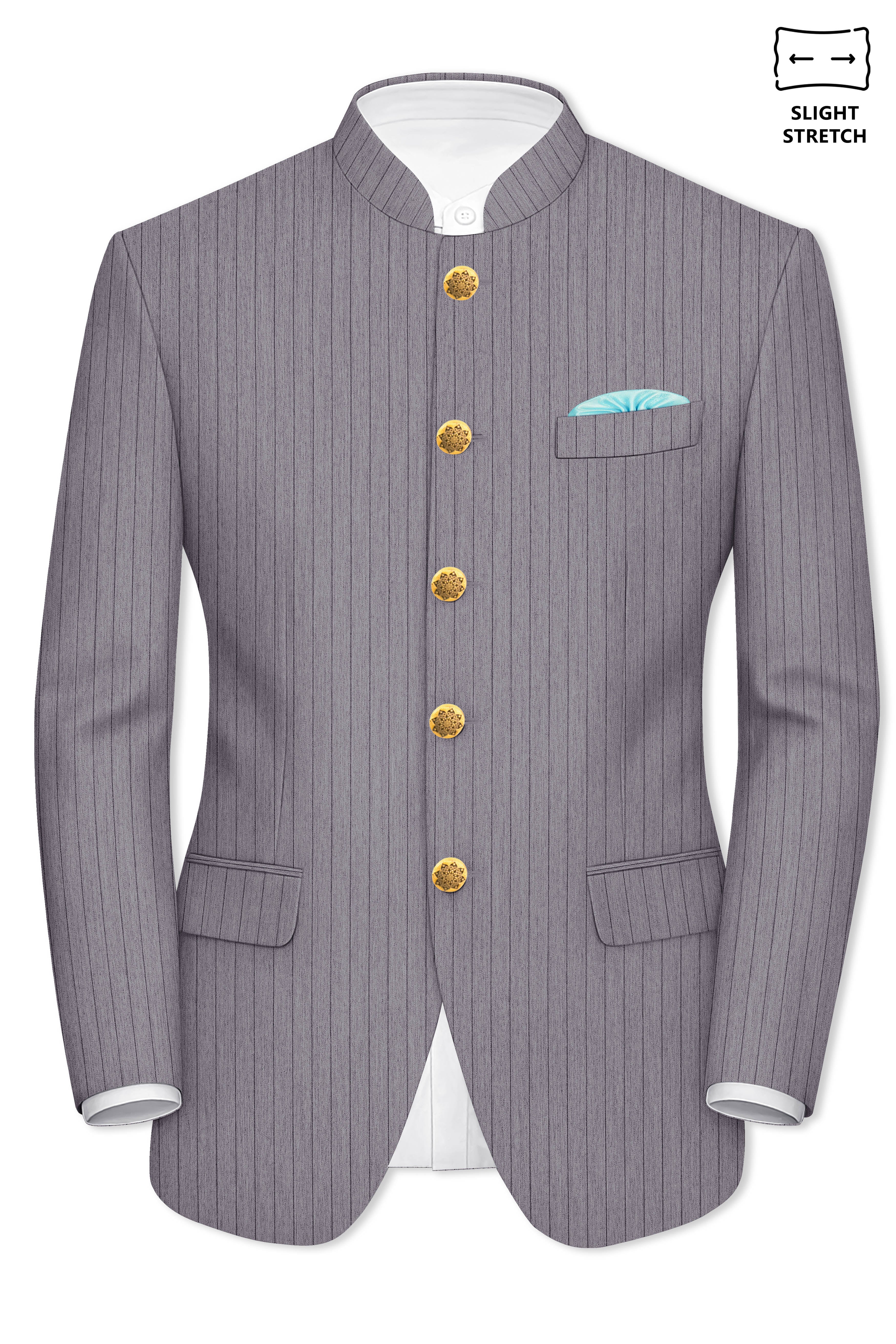 Velmoro-Mauve Gray Pin Striped Wool Rich Slight Stretch Bandhgala Suit