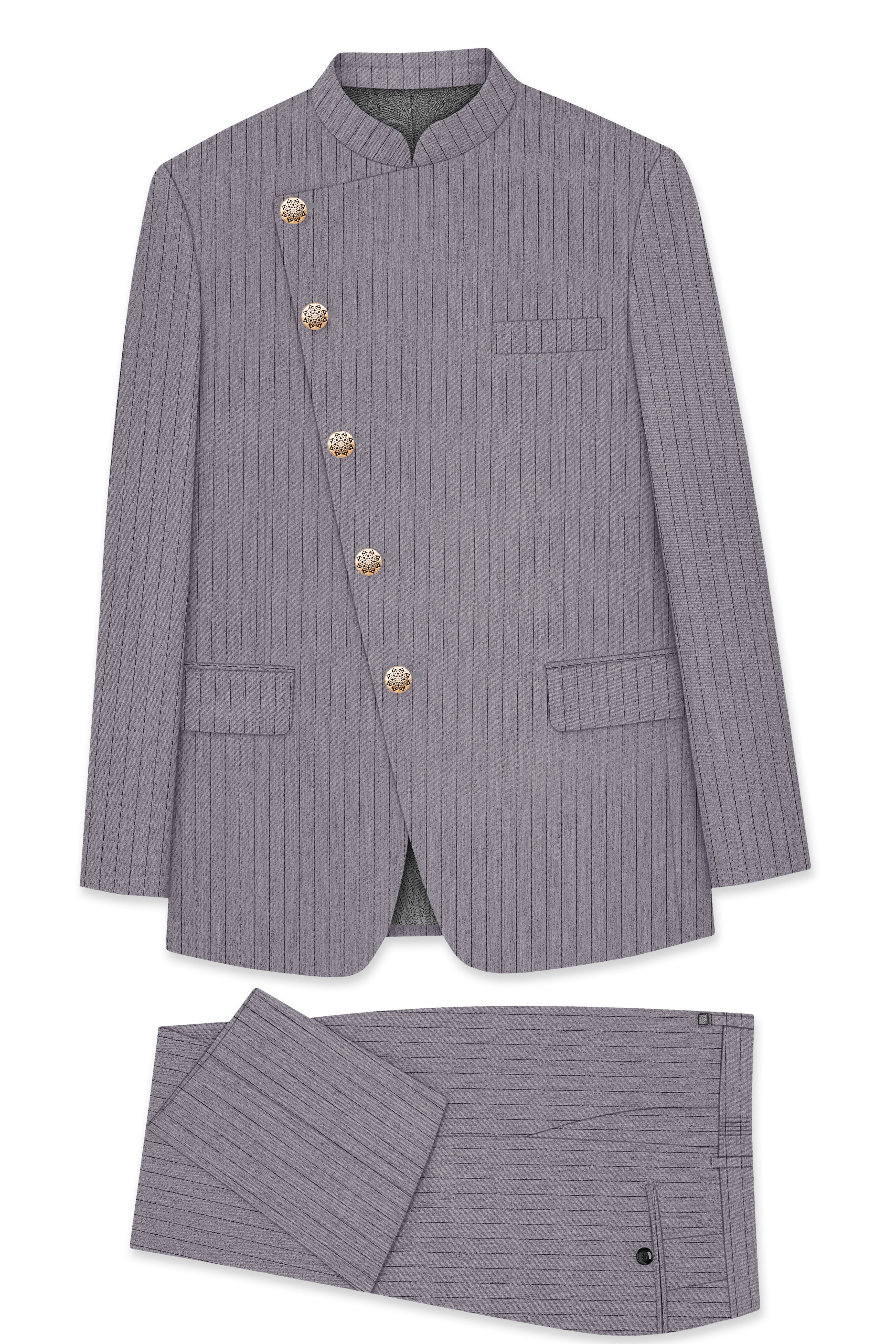 Velmoro-Mauve Gray Pin Striped Wool Rich Cross Placket Bandhgala Slight Stretch Suit