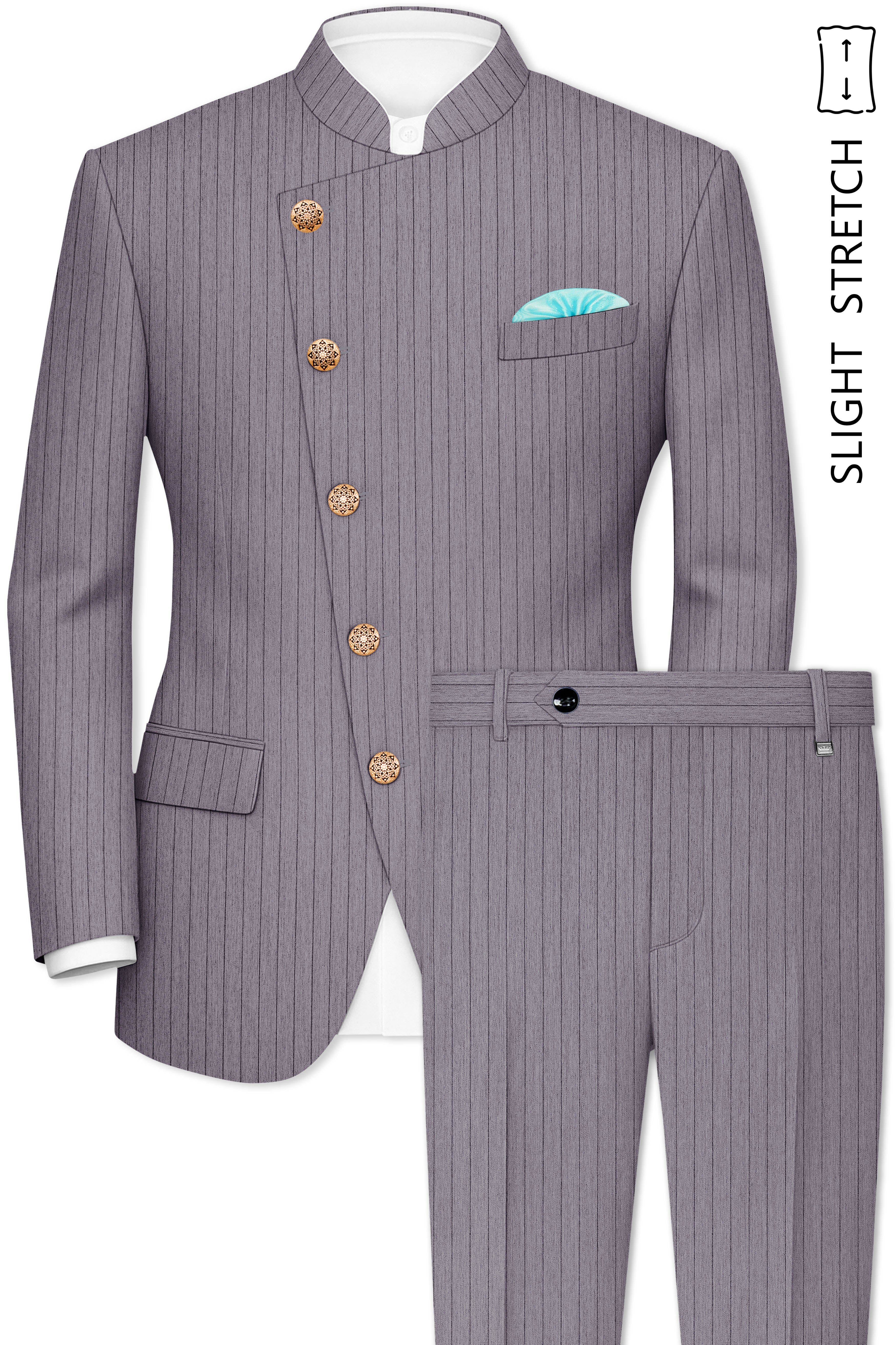 Velmoro-Mauve Gray Pin Striped Wool Rich Bandhgala Slight Stretch Suit