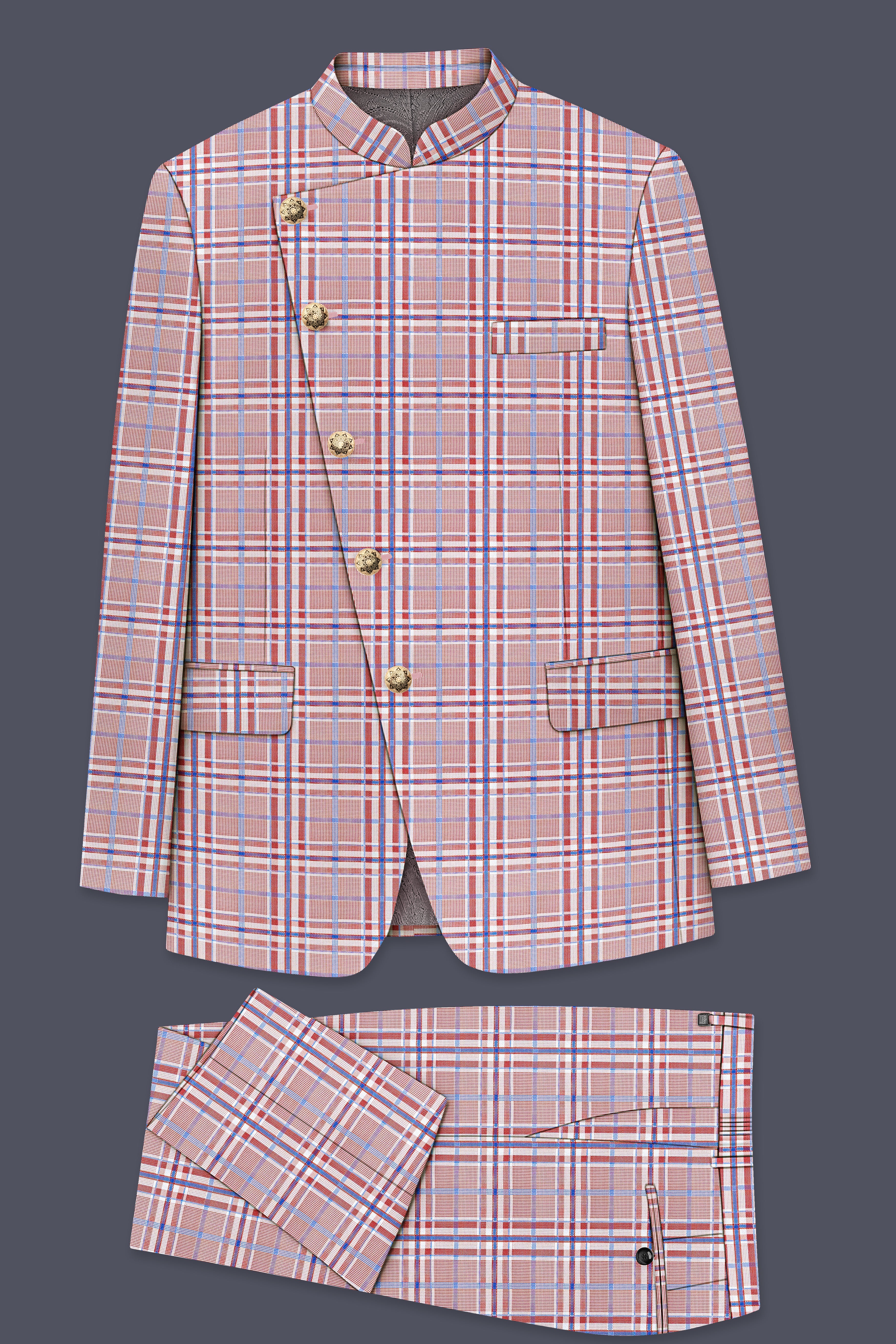 Velour-Turkish Rose Pink And Wild Blue Plaid Wool Rich Cross Placket Bandhgala Suits