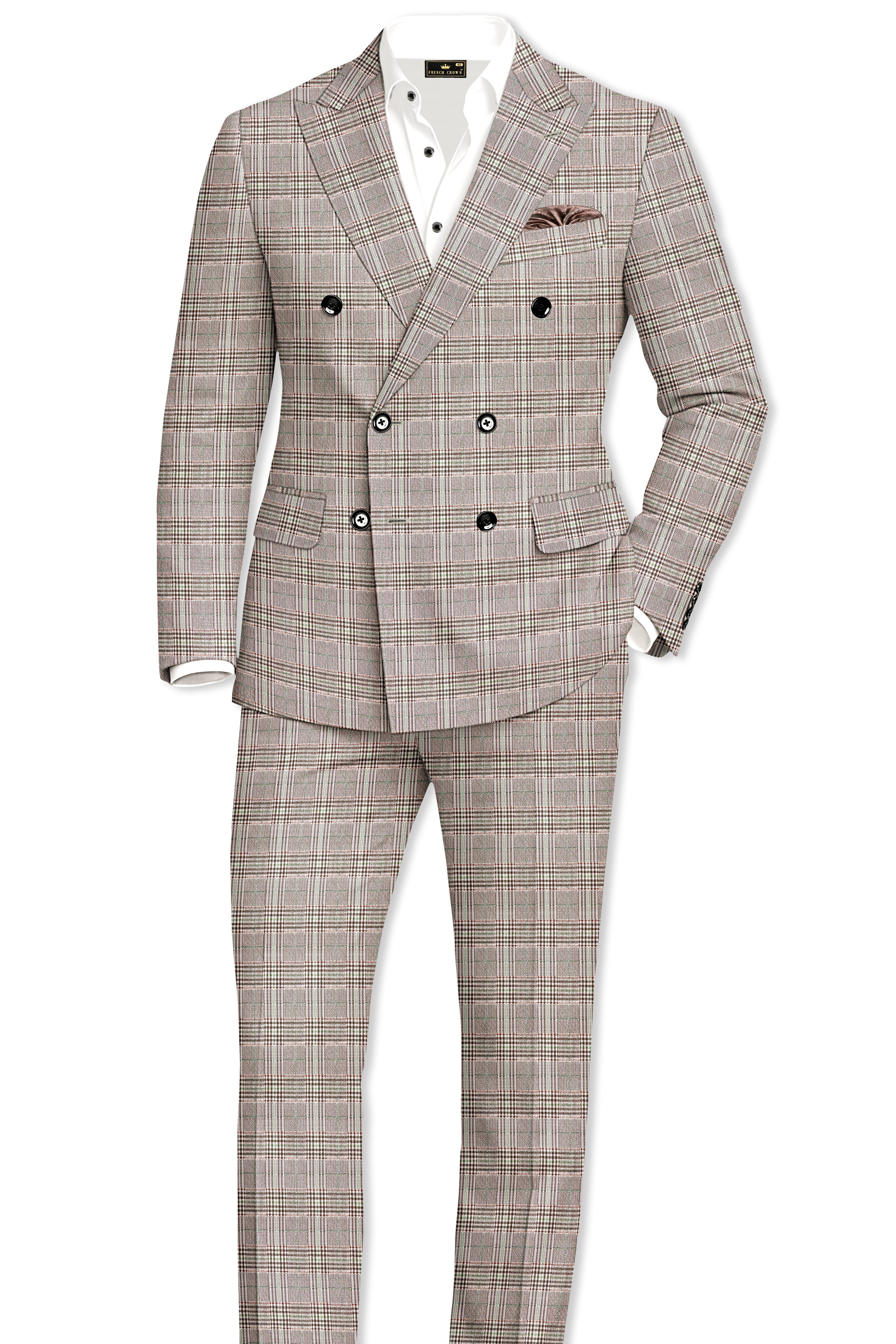 Truffle-Cafe Noir Brown Plaid Wool Rich Double Breasted Suit