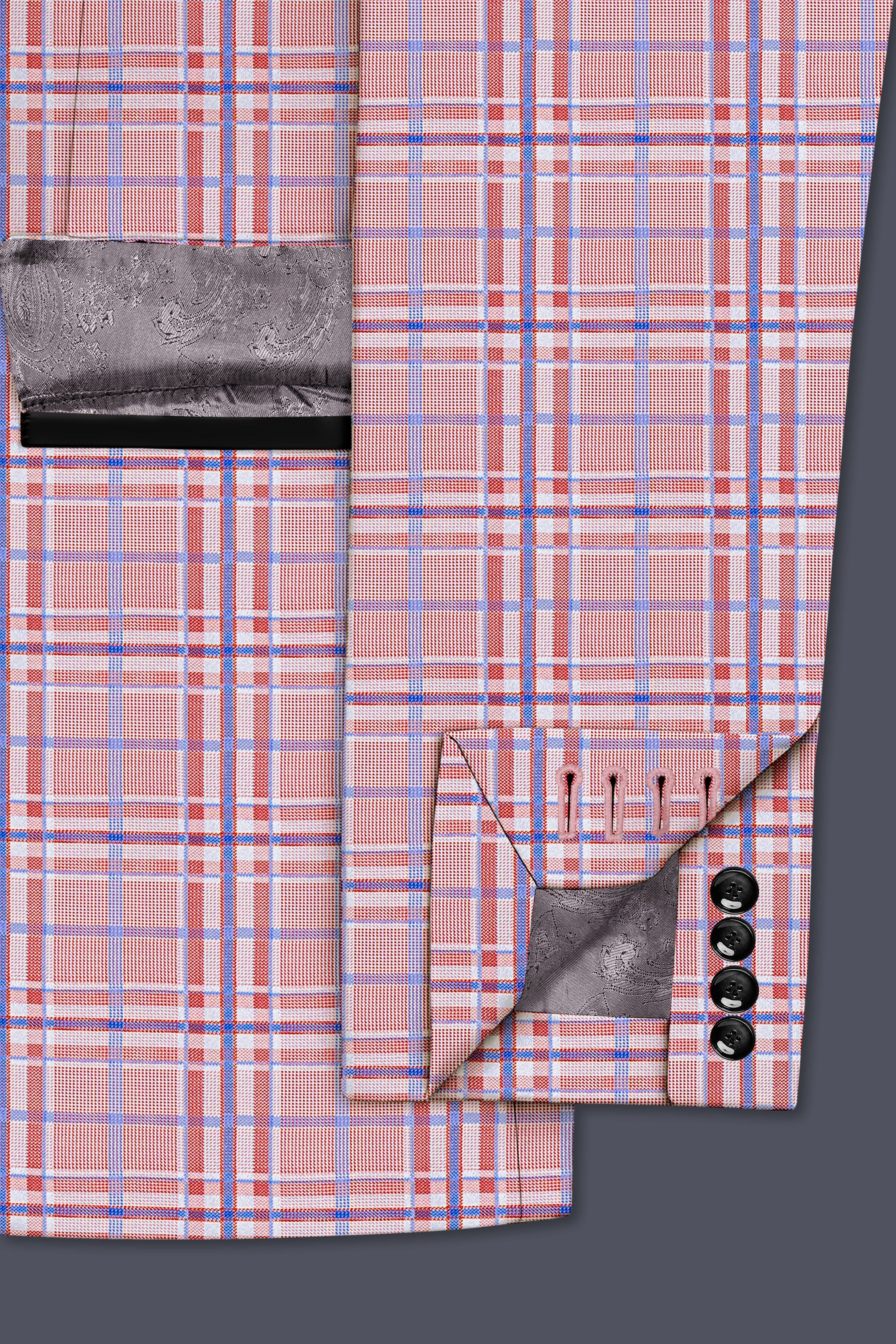 Velour-Turkish Rose Pink And Wild Blue Plaid Wool Rich Peak Lapel Tuxedo Suit