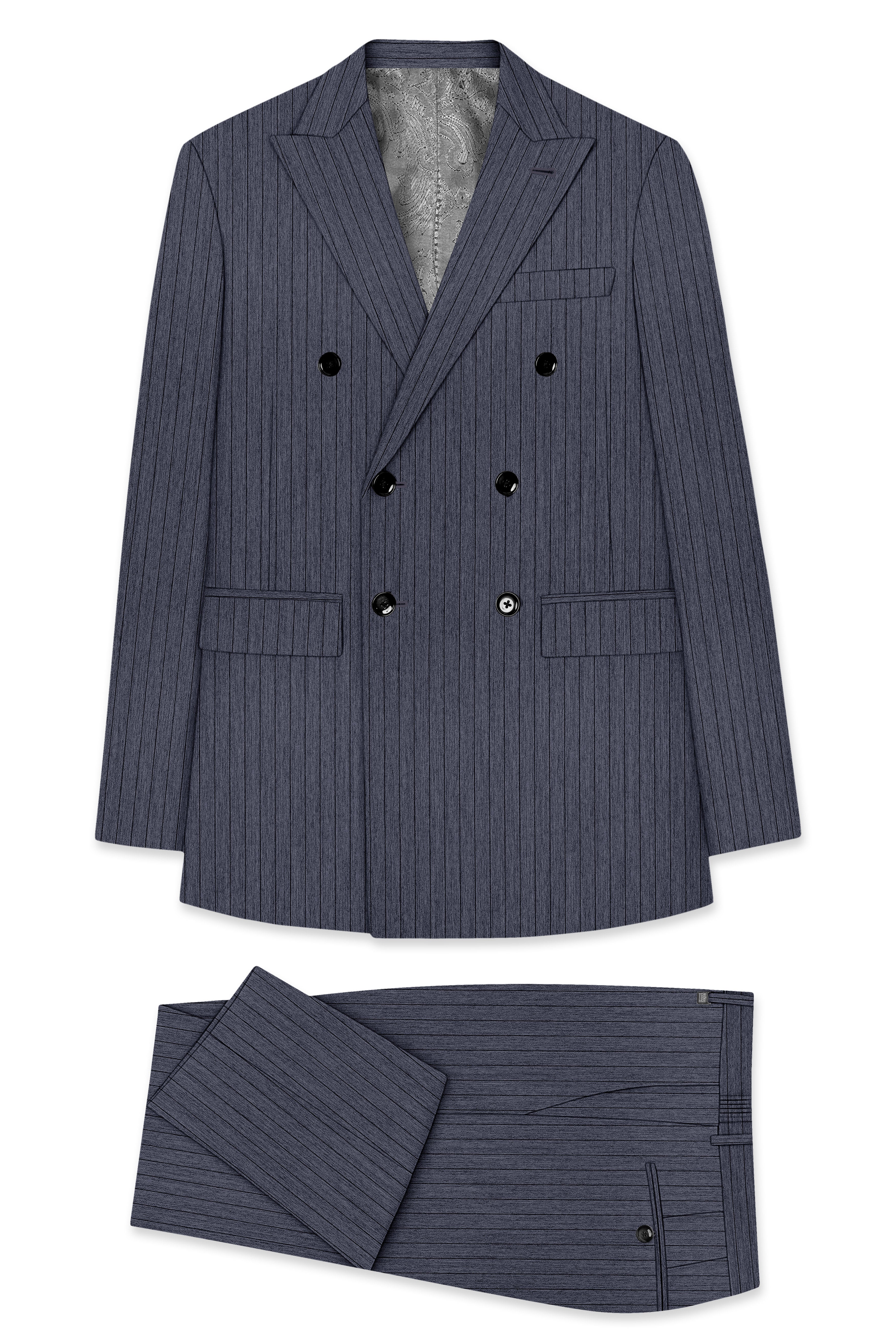 Azurion-Ninja Blue Pin Striped Wool Rich Slight Stretch Double Breasted Suit